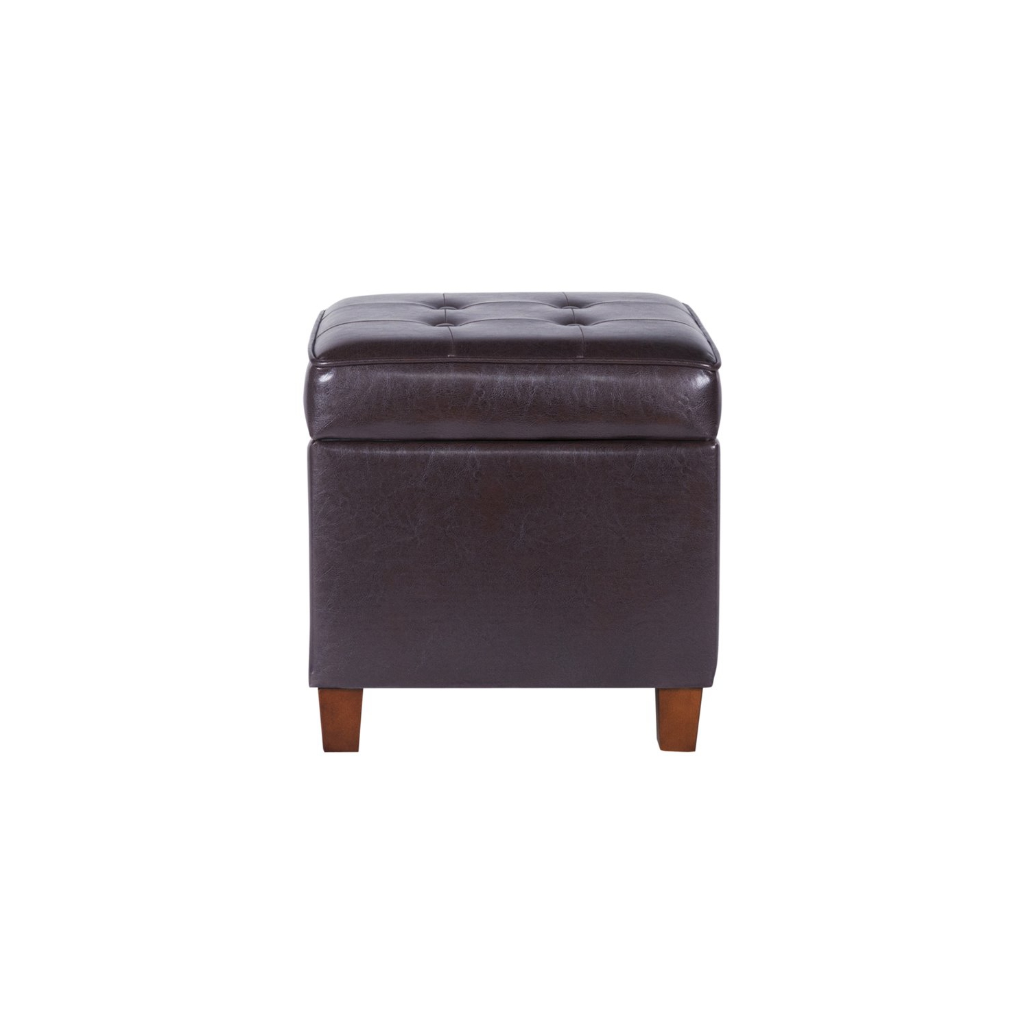 HomePop Square Transitional Wood and Faux Leather Storage Ottoman in Brown