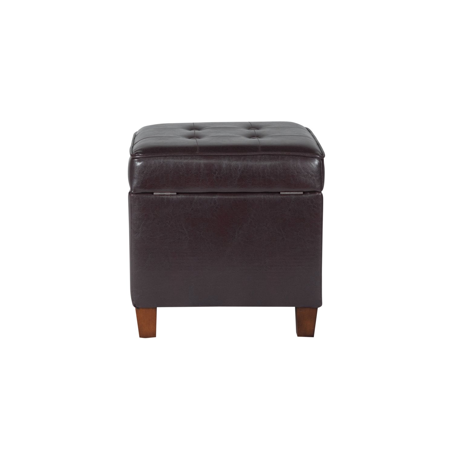 HomePop Square Transitional Wood and Faux Leather Storage Ottoman in Brown