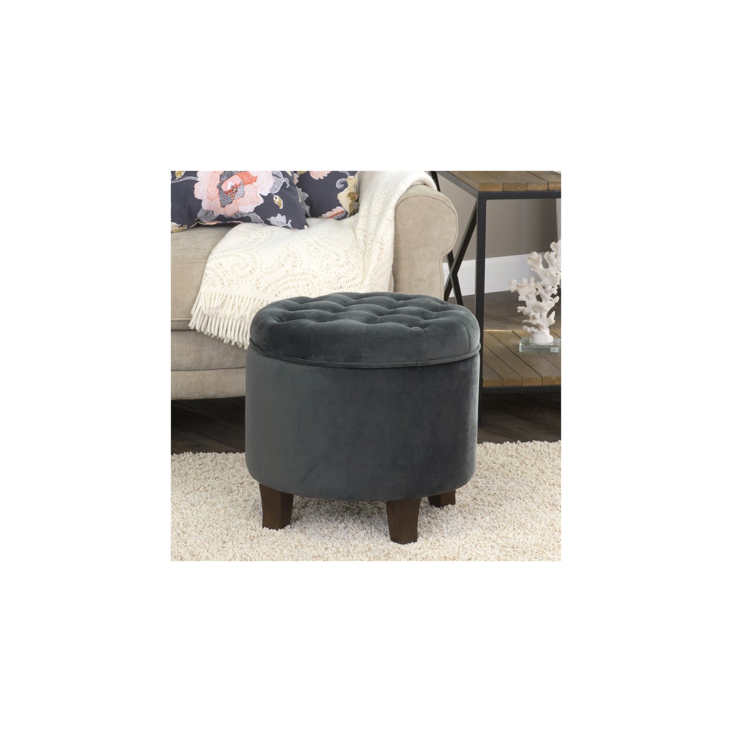 HomePop Round Transitional Wood and Velvet Storage Ottoman in Gray