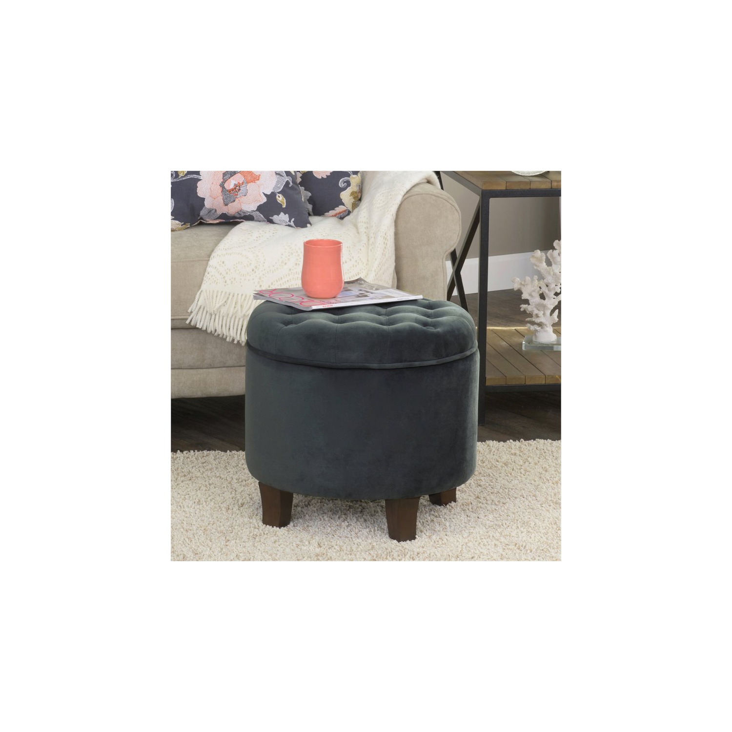 HomePop Round Transitional Wood and Velvet Storage Ottoman in Gray