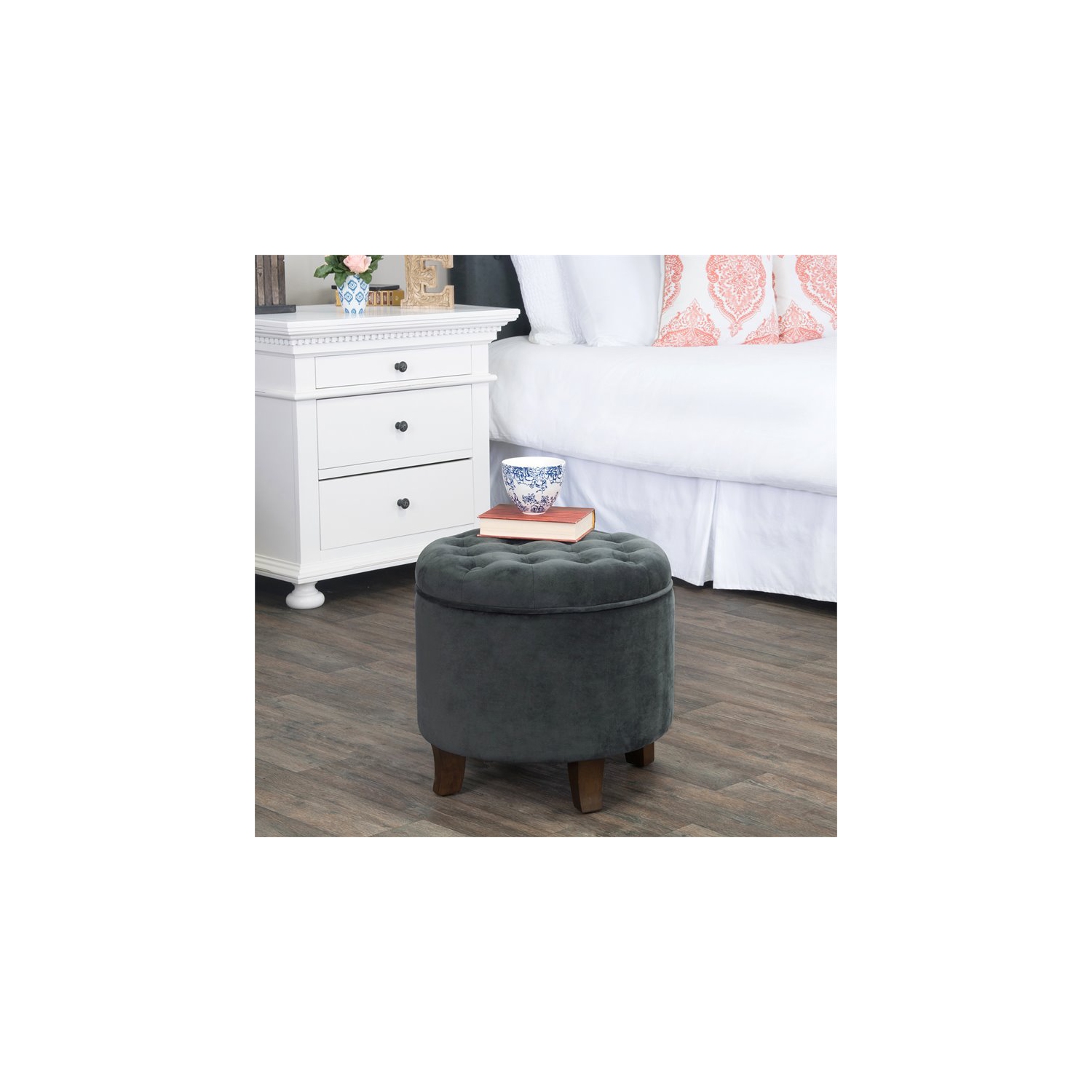 HomePop Round Transitional Wood and Velvet Storage Ottoman in Gray
