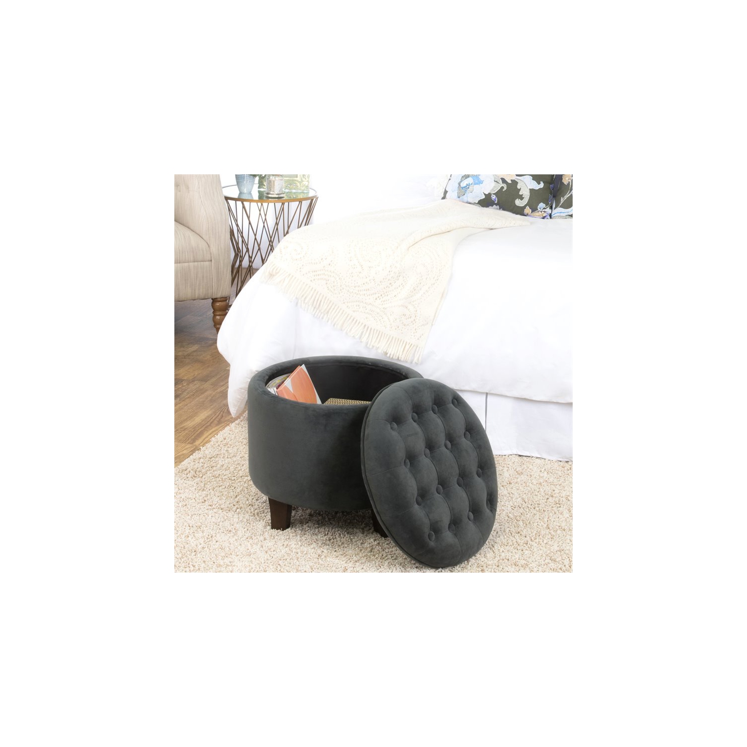 HomePop Round Transitional Wood and Velvet Storage Ottoman in Gray