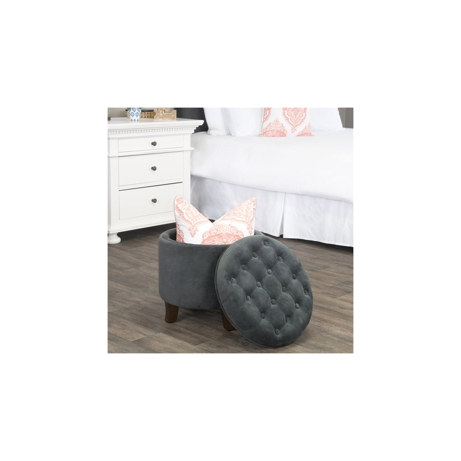 HomePop Round Transitional Wood and Velvet Storage Ottoman in Gray