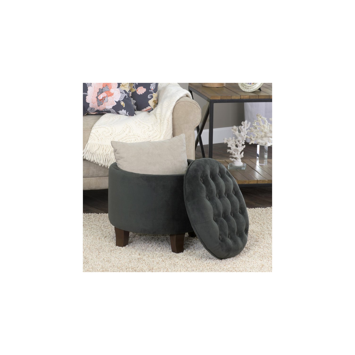 HomePop Round Transitional Wood and Velvet Storage Ottoman in Gray