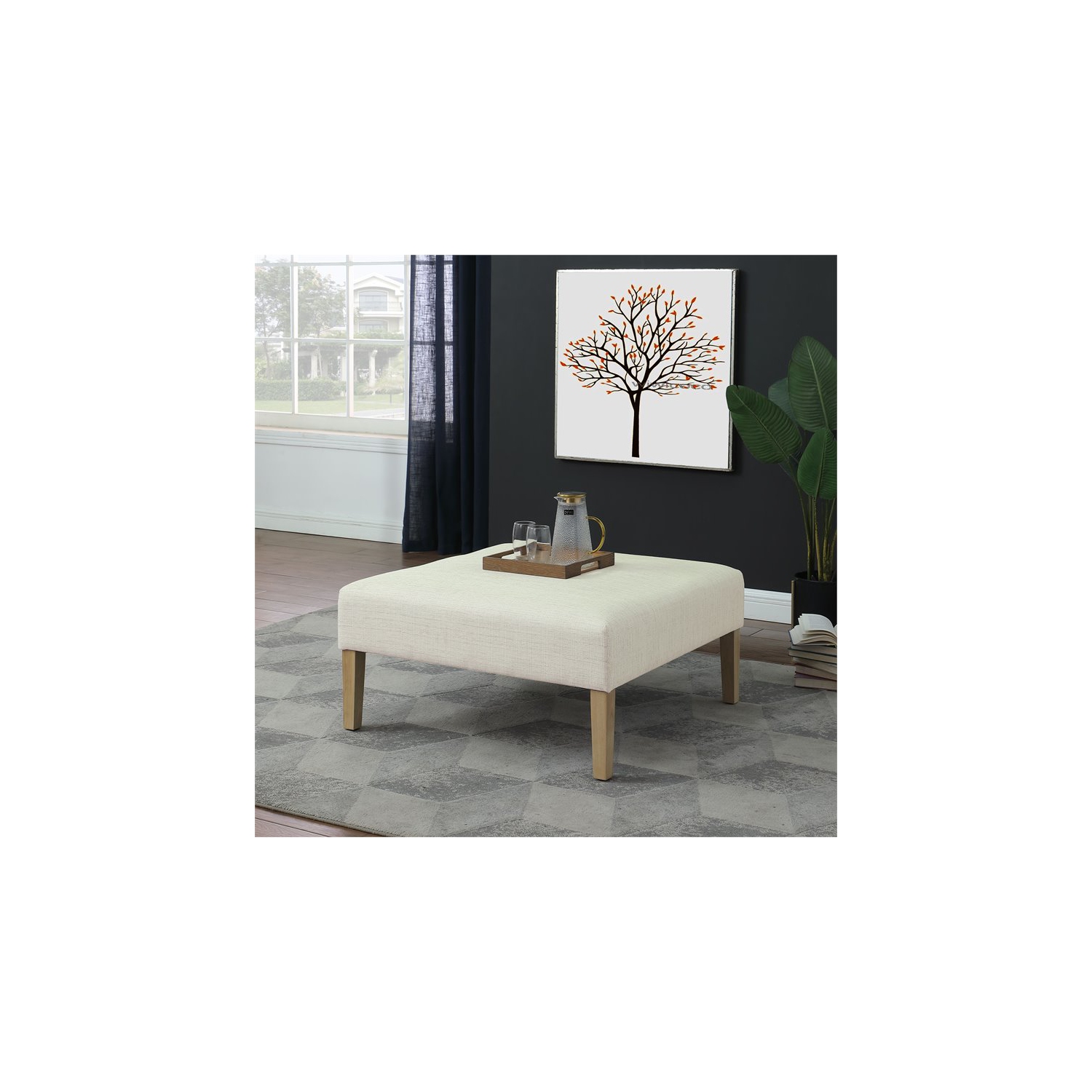 HomePop Square Transitional Wood and Woven Fabric Ottoman in Cream