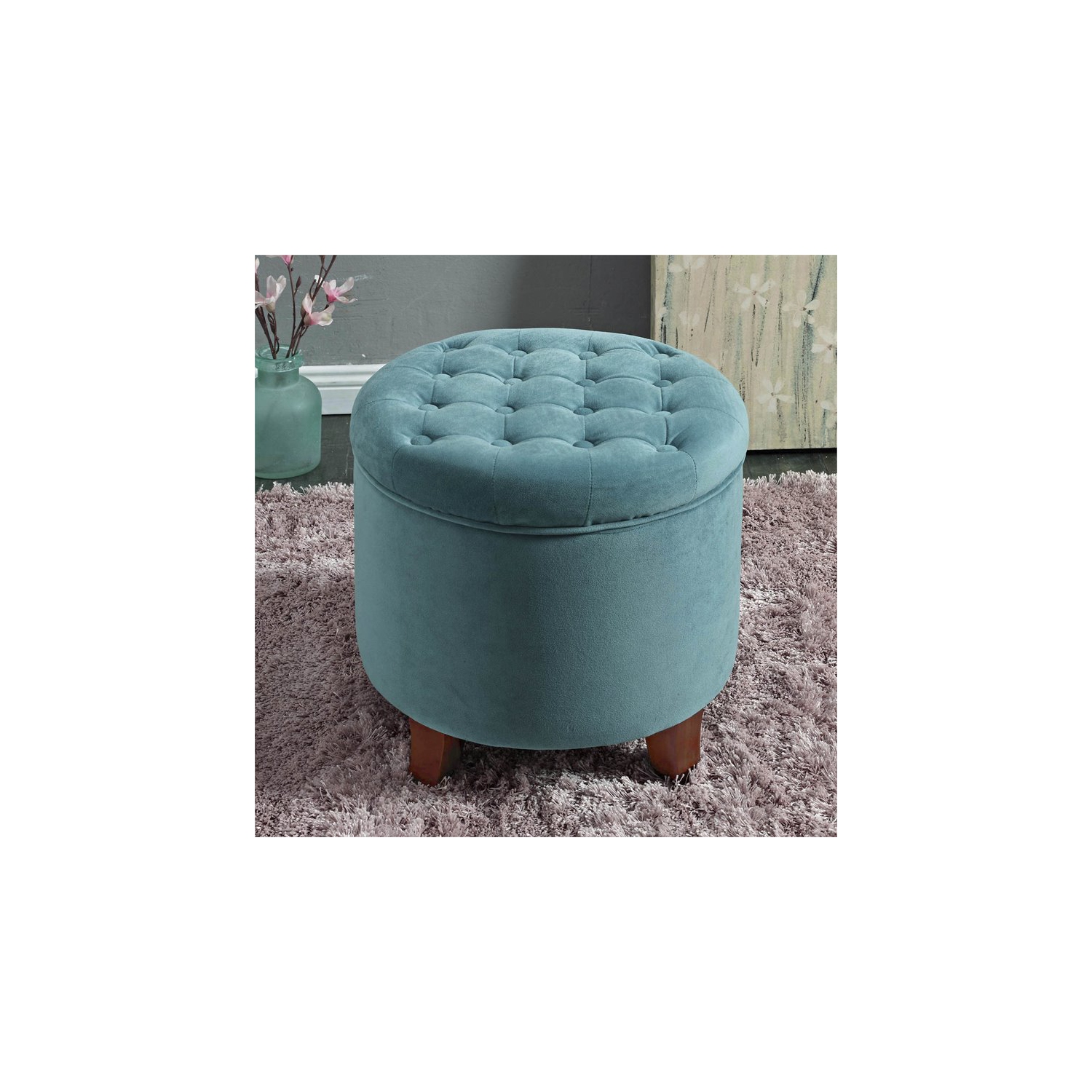 HomePop Round Transitional Wood and Velvet Ottoman with Storage in Blue