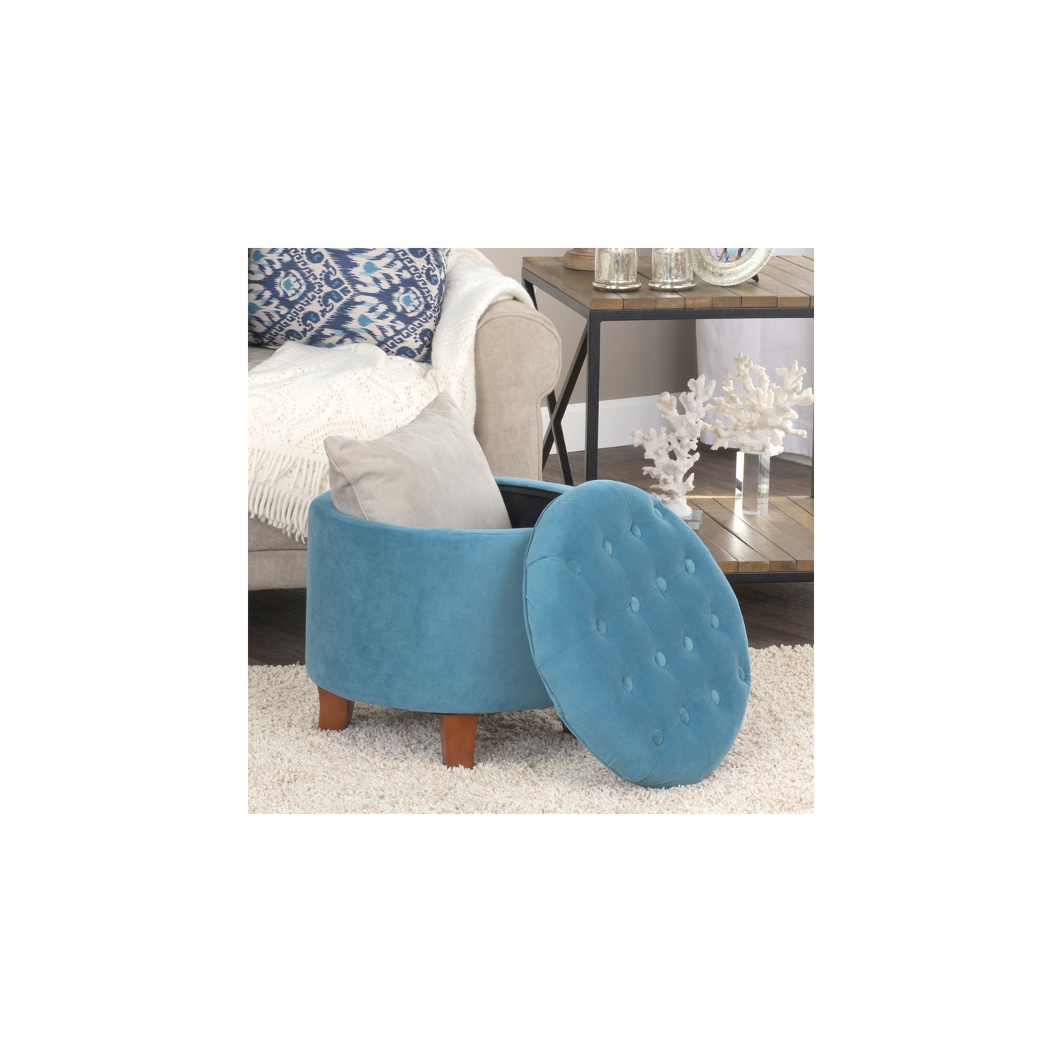 HomePop Round Transitional Wood and Velvet Ottoman with Storage in Blue
