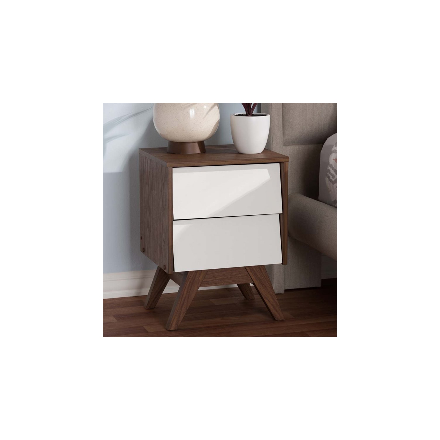 Baxton Studio Hildon 2 Drawer Nightstand in White and Walnut Brown