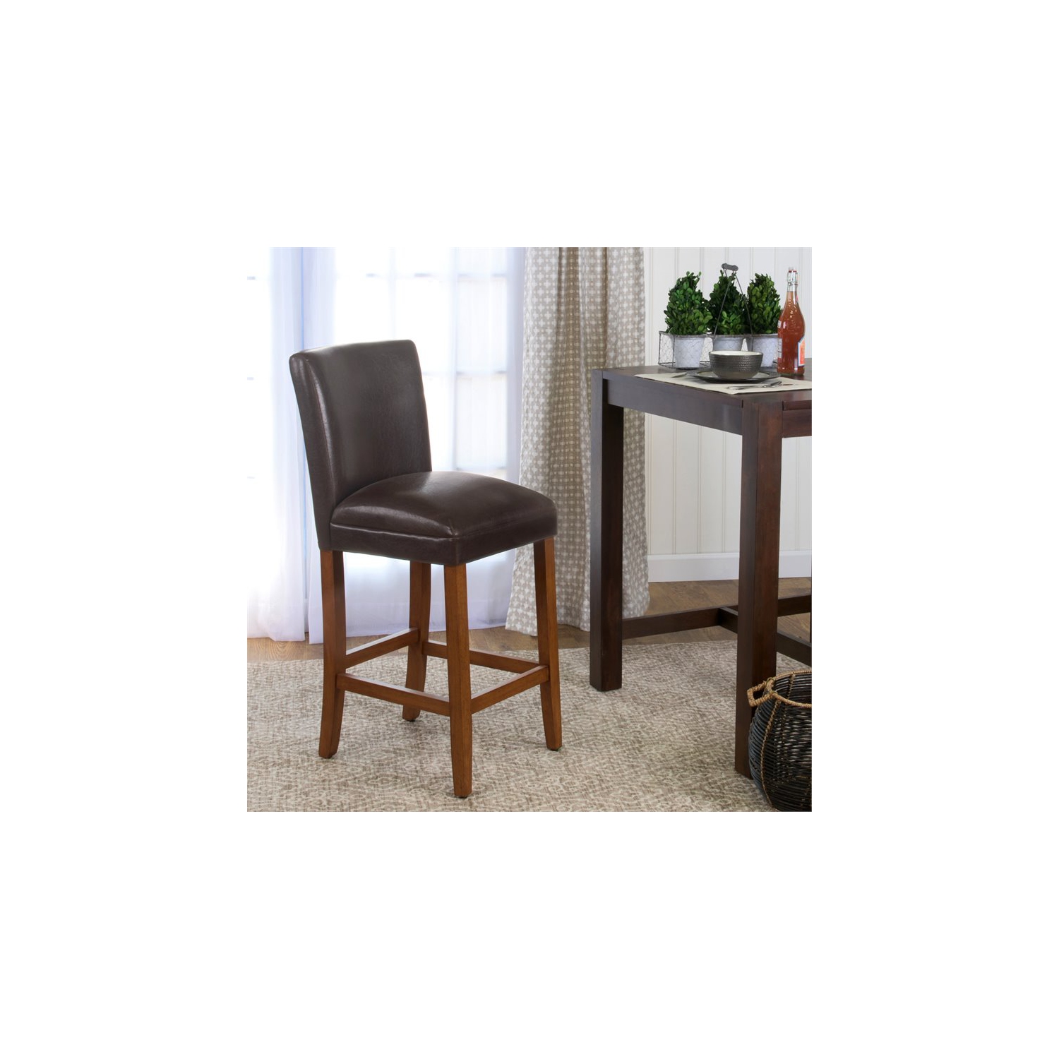 HomePop 29" Traditional Wood and Faux Leather Barstool in Brown