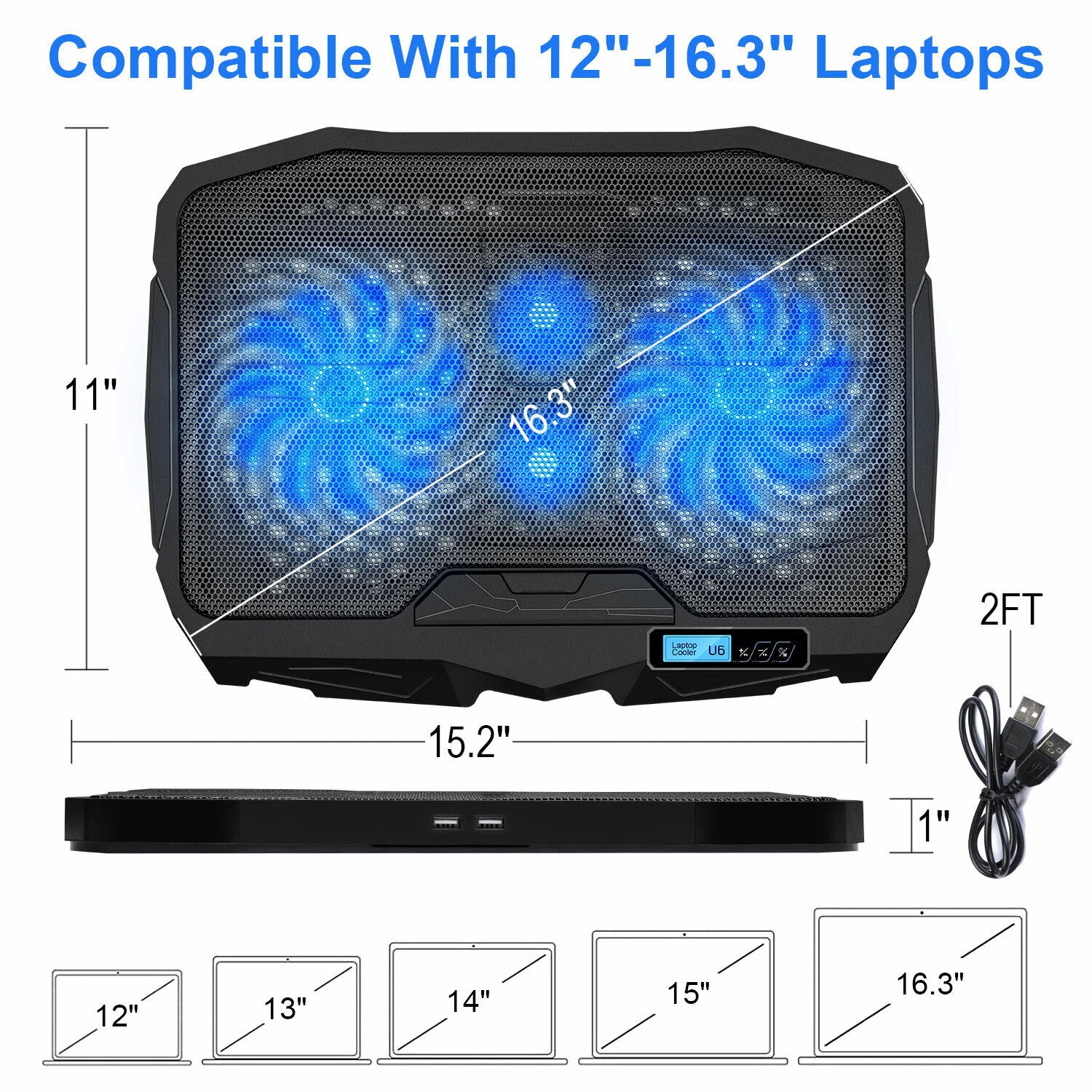 11-15.6inch Laptop Cooling Pad [High Speed Quiet Fans,LCD Screen,Button Control]