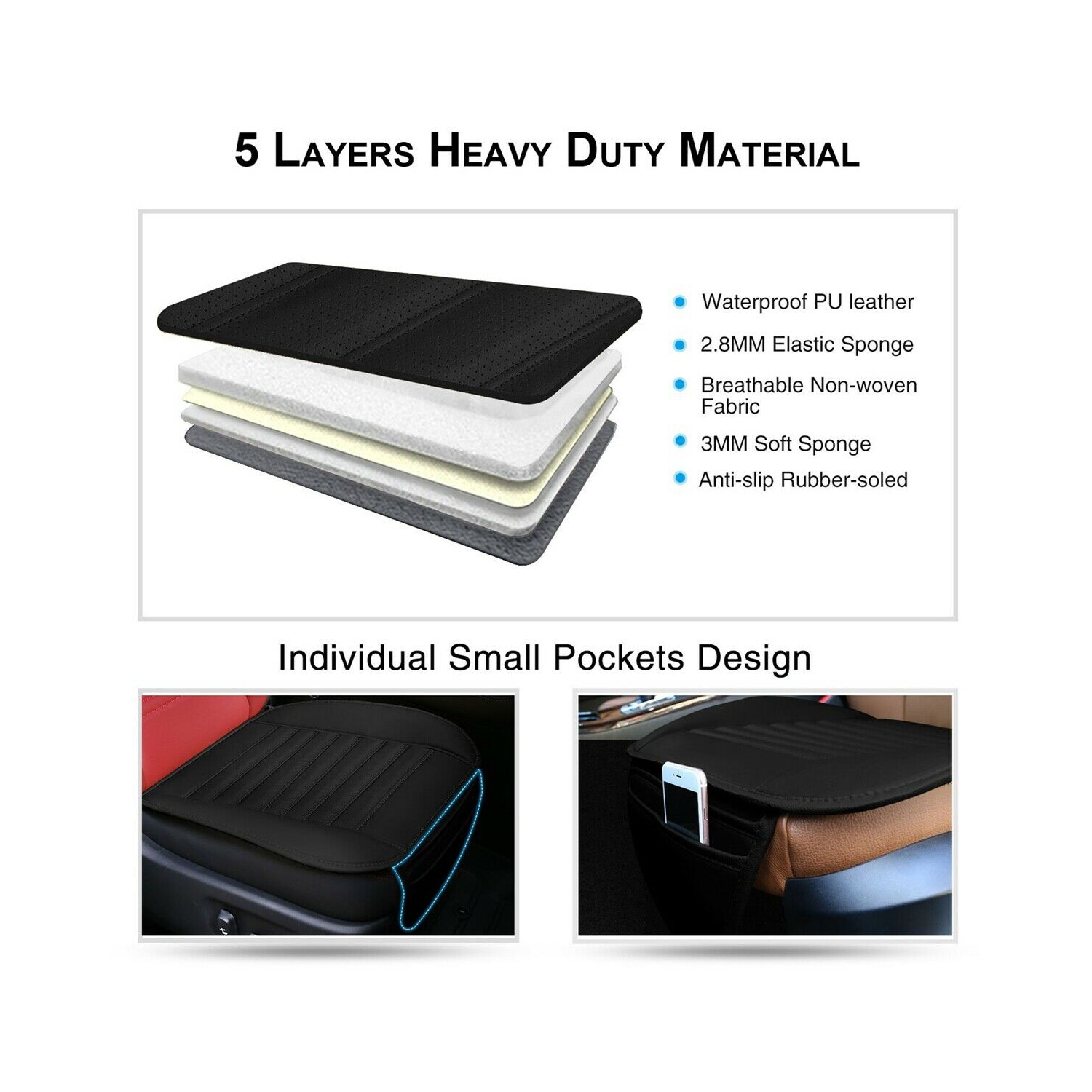 Black Universal Car Seat Cushions with Storage Pockets for Car Truck Van and SUV