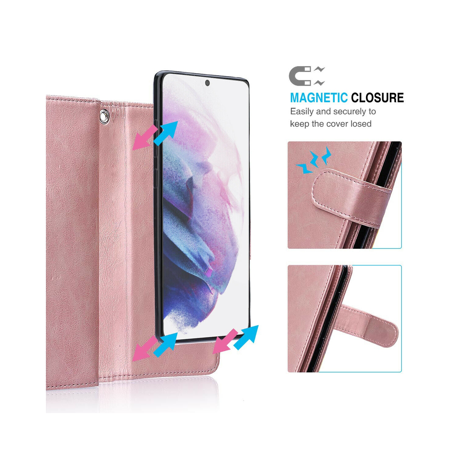 Women Magnetic Detachable Purse Wallet Case for Galaxy S21+ Plus 6.7", ROSE Gold