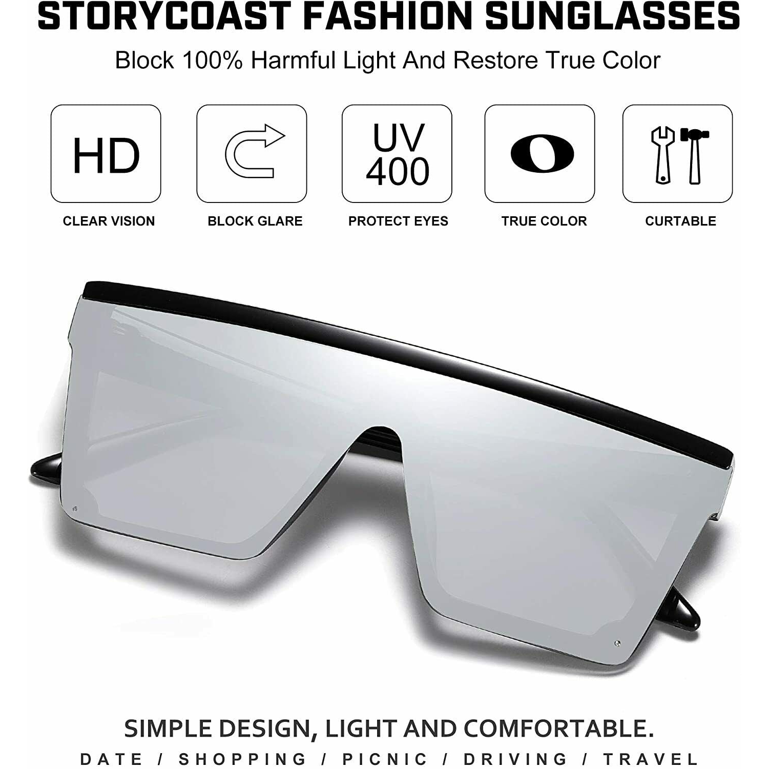 Fashion Oversized Flat Top Shield Sunglasses Square Rimless with HD Lenses& Case