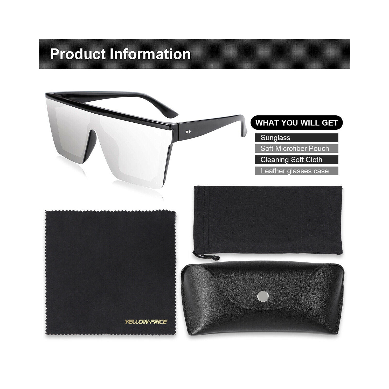 Fashion Oversized Flat Top Shield Sunglasses Square Rimless with HD Lenses& Case