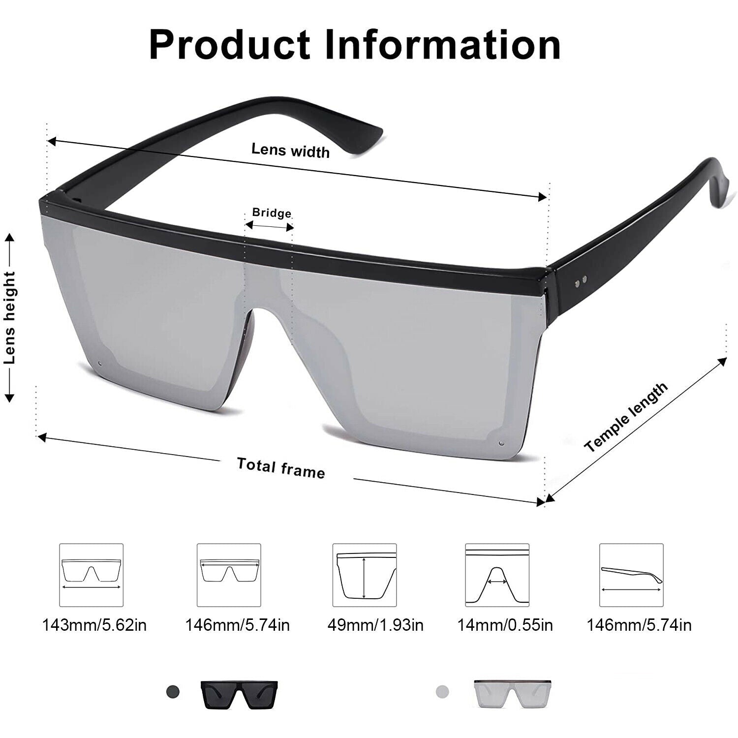 Fashion Oversized Flat Top Shield Sunglasses Square Rimless with HD Lenses& Case