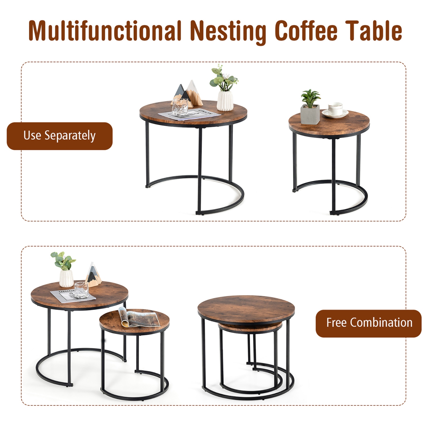 Ensemble de 2 tables basses gigognes pour balcon avec tables d'appoint rondes modernes de Costway