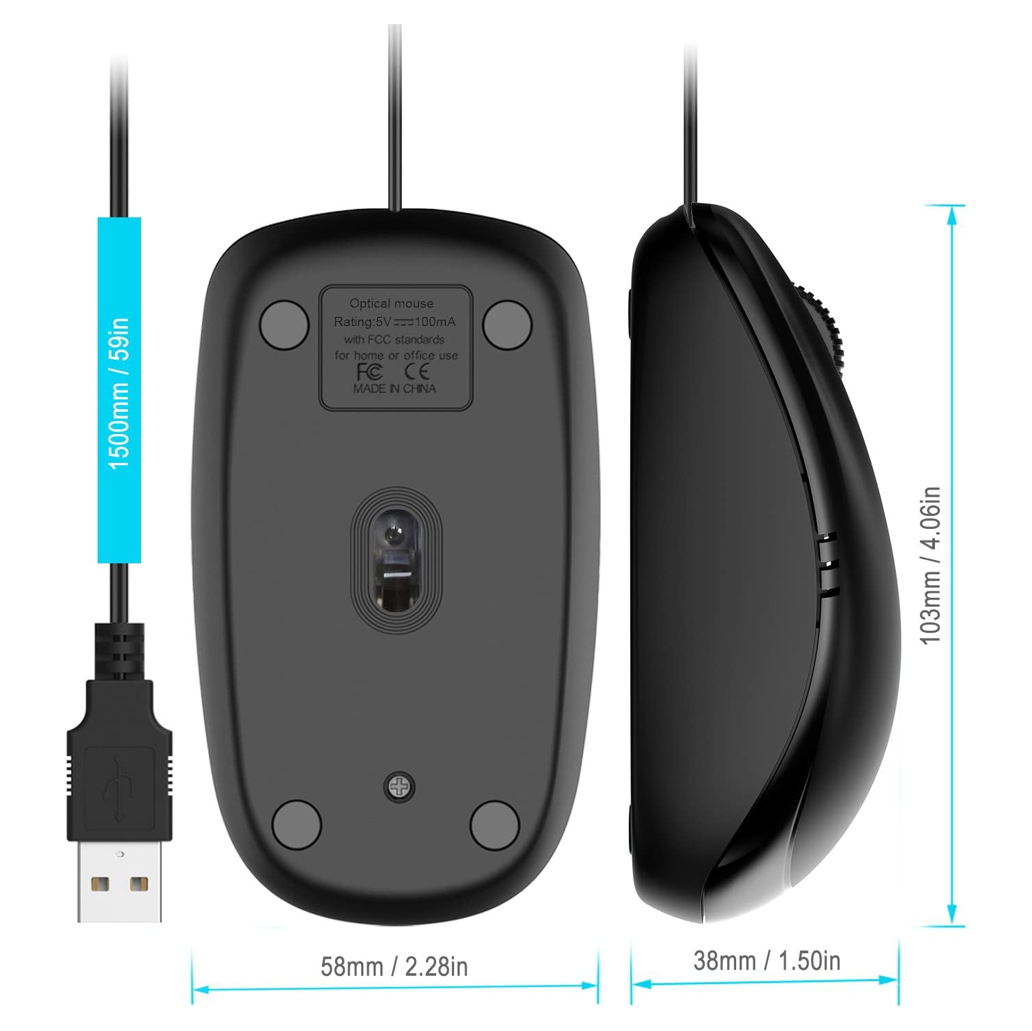 M0776 3-Button Wired USB Optical Mouse Mice, Black