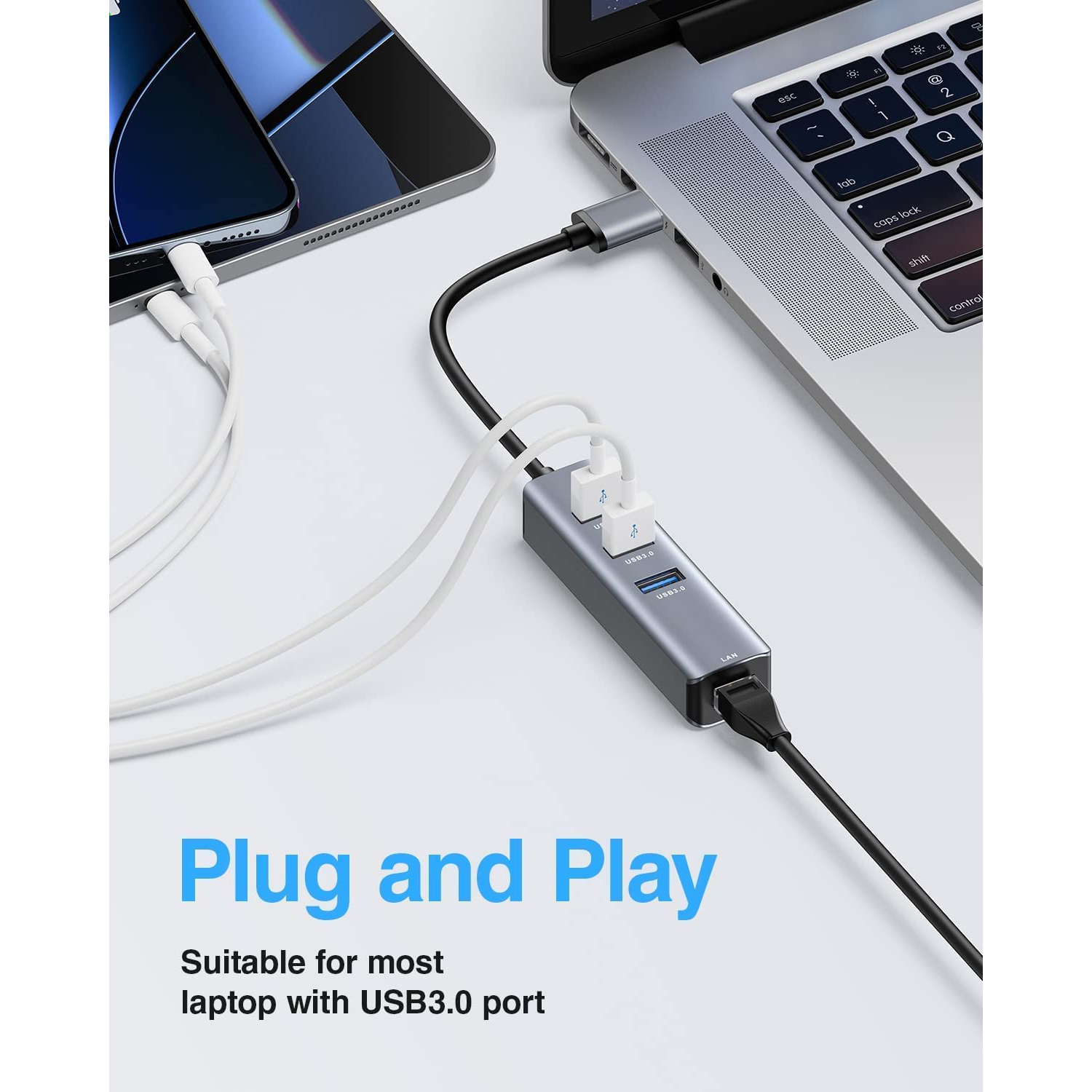 Adaptateur USB 3.0 à Ethernet, concentrateur USB 3.0 à 3 ports avec répartiteur Ethernet 1000M RJ45 compatible avec MacBook, Surface Pro 4/5/6,