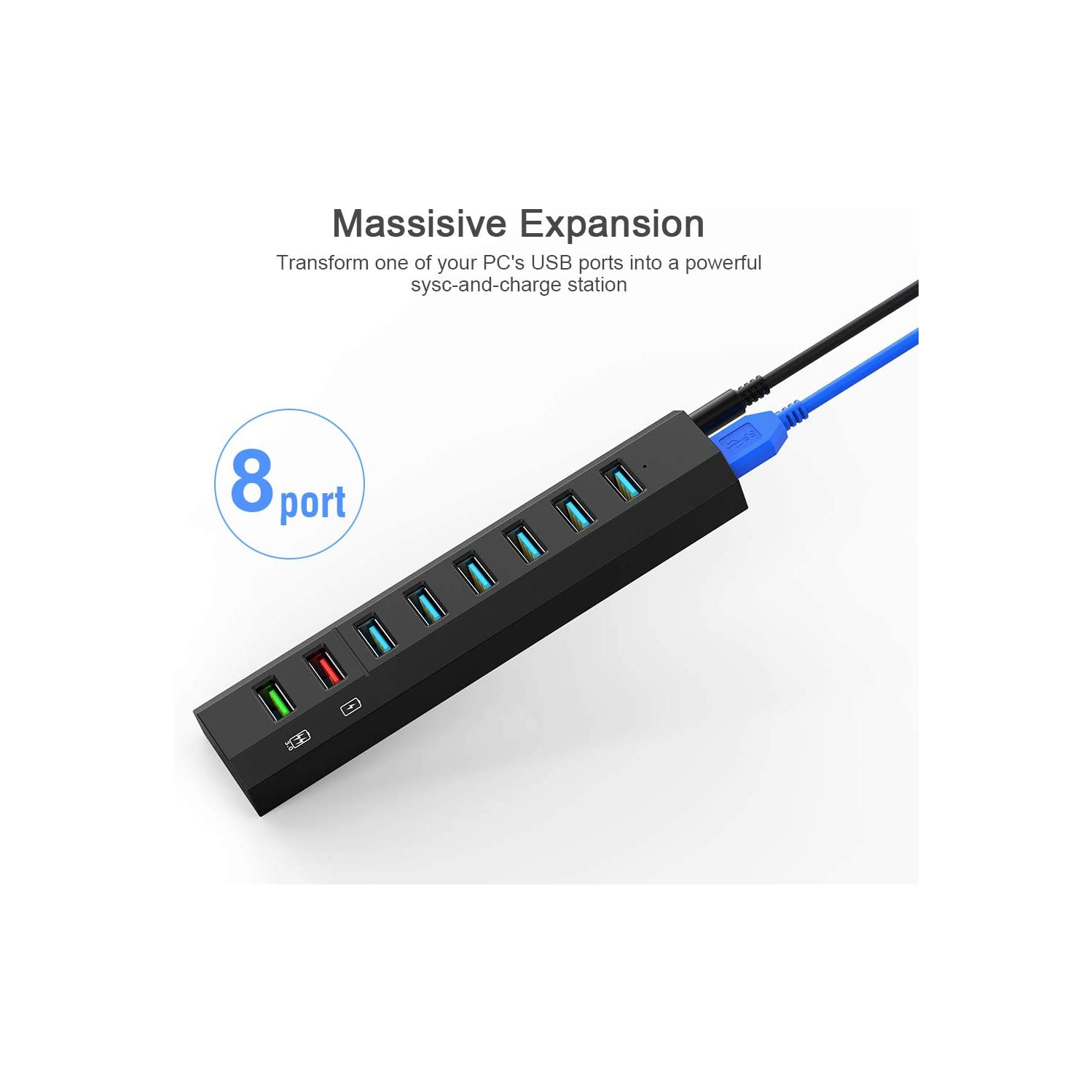 Powered USB Hub 3.0, 8 Port Super High Speed USB 3.0 Hub Splitter + 36W Power Adapter + USB 3.0 Cable, Smart Fast Charger USB Hub Powered for Laptop,