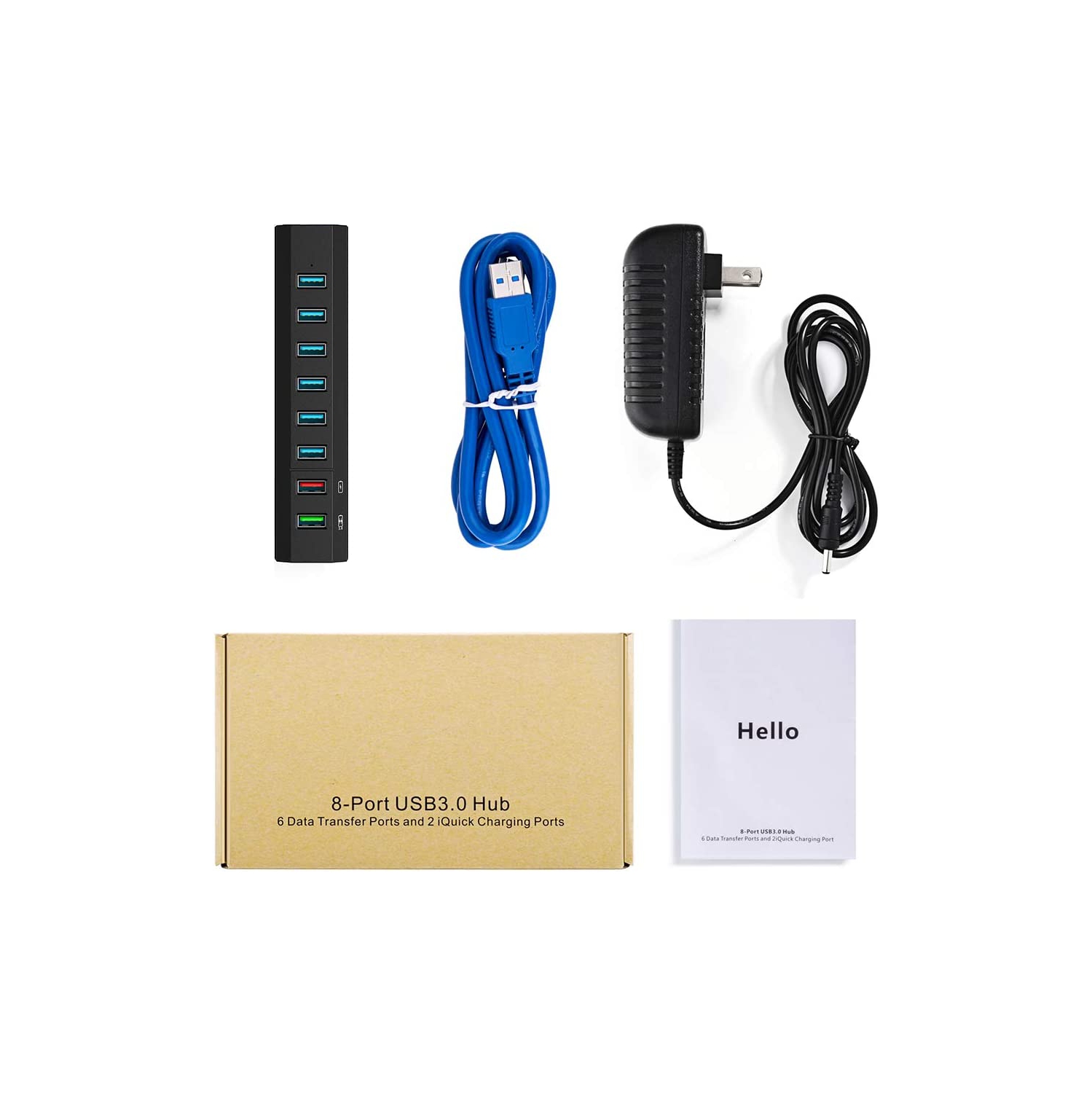 Powered USB Hub 3.0, 8 Port Super High Speed USB 3.0 Hub Splitter + 36W Power Adapter + USB 3.0 Cable, Smart Fast Charger USB Hub Powered for Laptop,