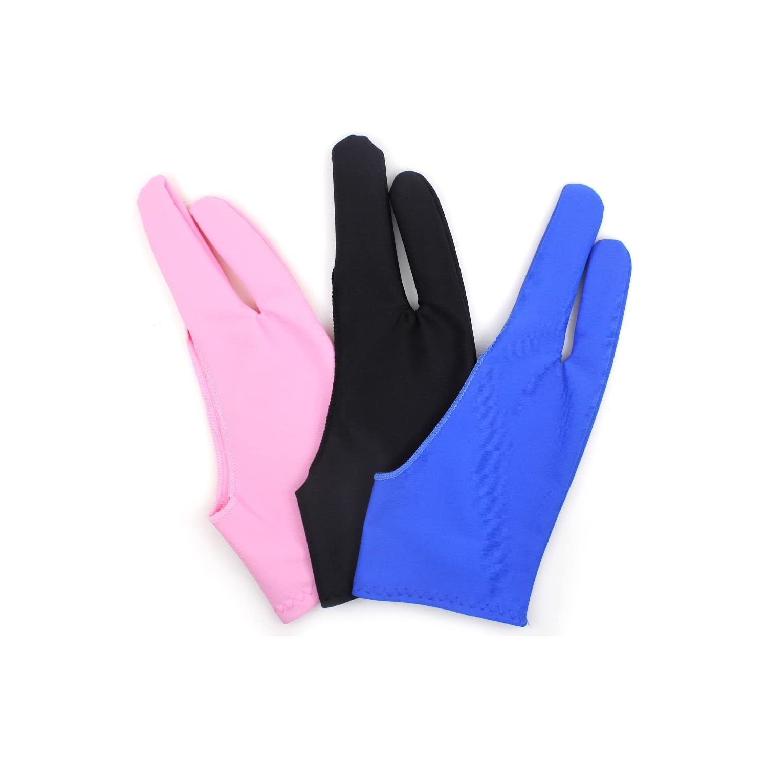 Digital Artist Gloves for Graphic Tablet Pen Display, 3 Pack Free Size 2 Finger Gloves for Drawing Painting - Sapphire Blue, Pink, Black
