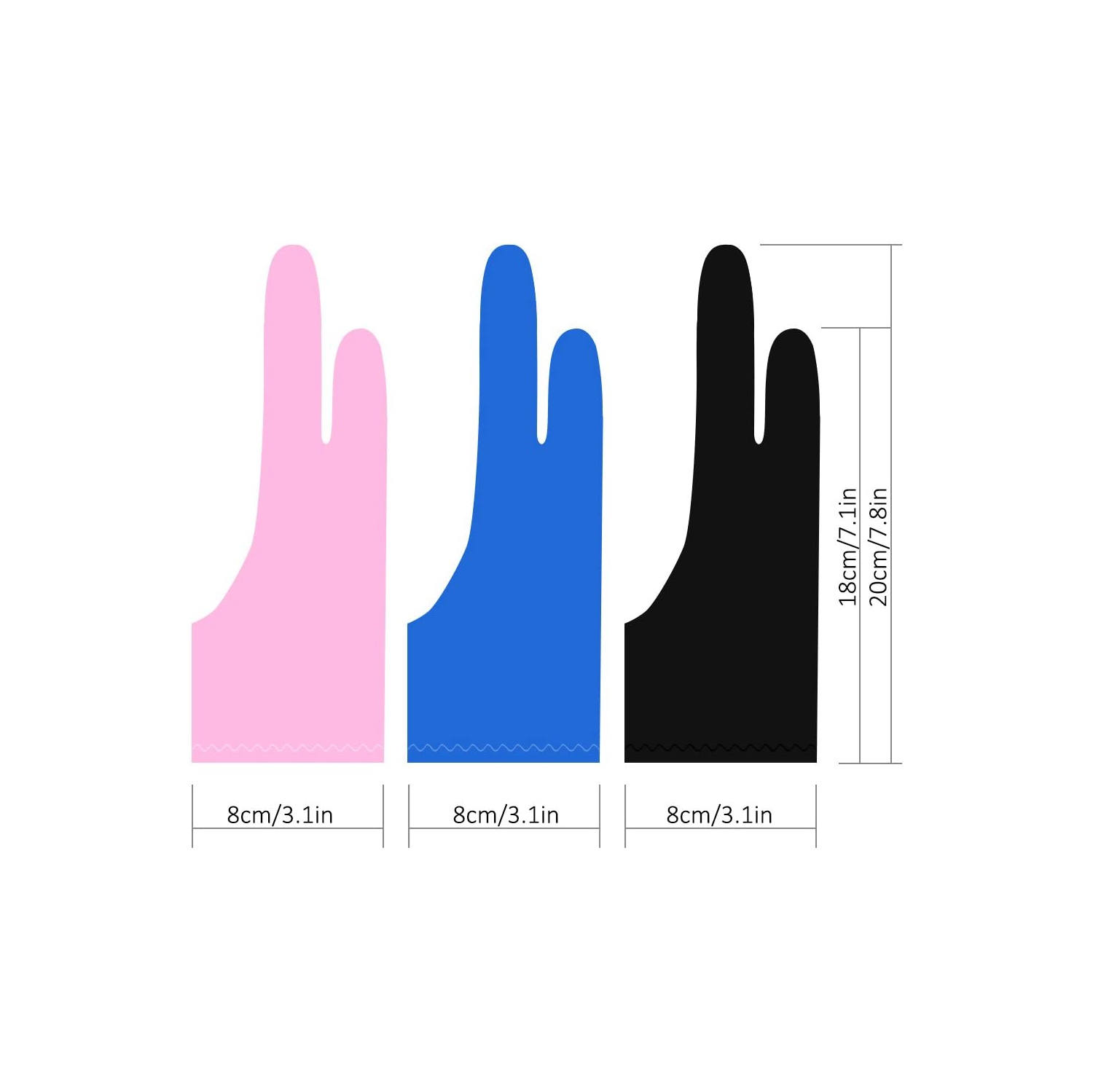 Digital Artist Gloves for Graphic Tablet Pen Display, 3 Pack Free Size 2 Finger Gloves for Drawing Painting - Sapphire Blue, Pink, Black