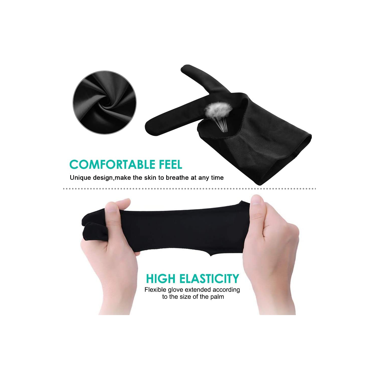 Digital Artist Gloves for Graphic Tablet Pen Display, 3 Pack Free Size 2 Finger Gloves for Drawing Painting - Sapphire Blue, Pink, Black