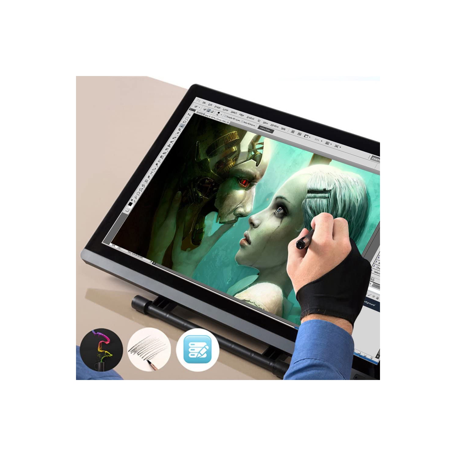 Digital Artist Gloves for Graphic Tablet Pen Display, 3 Pack Free Size 2 Finger Gloves for Drawing Painting - Sapphire Blue, Pink, Black