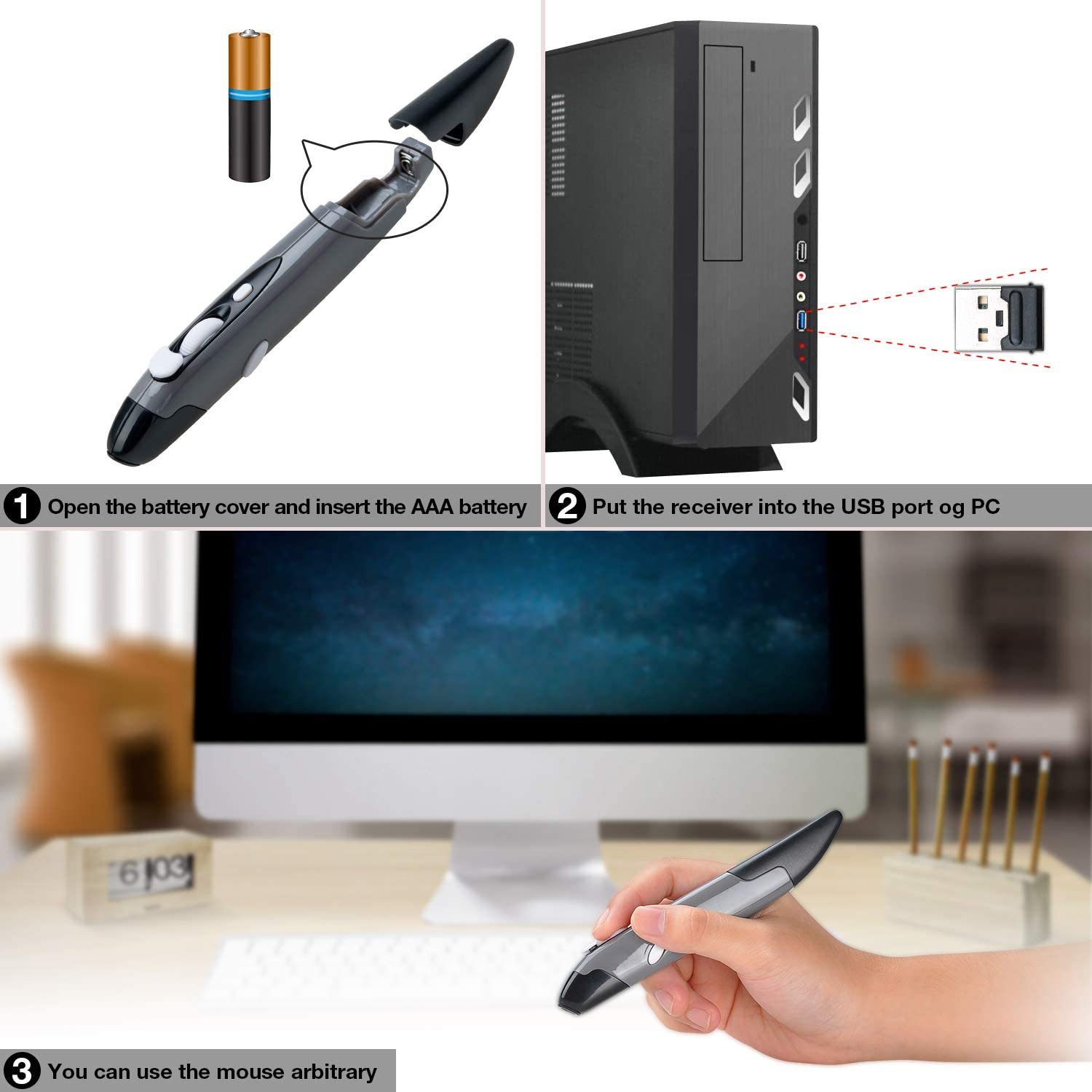 Souris sans fil Pocket Pen/Souris optique portative USB 2,4 GHz Souris/Souris ajustable 1600 ppp Handwriting Mouse avec support pour stylo/pour