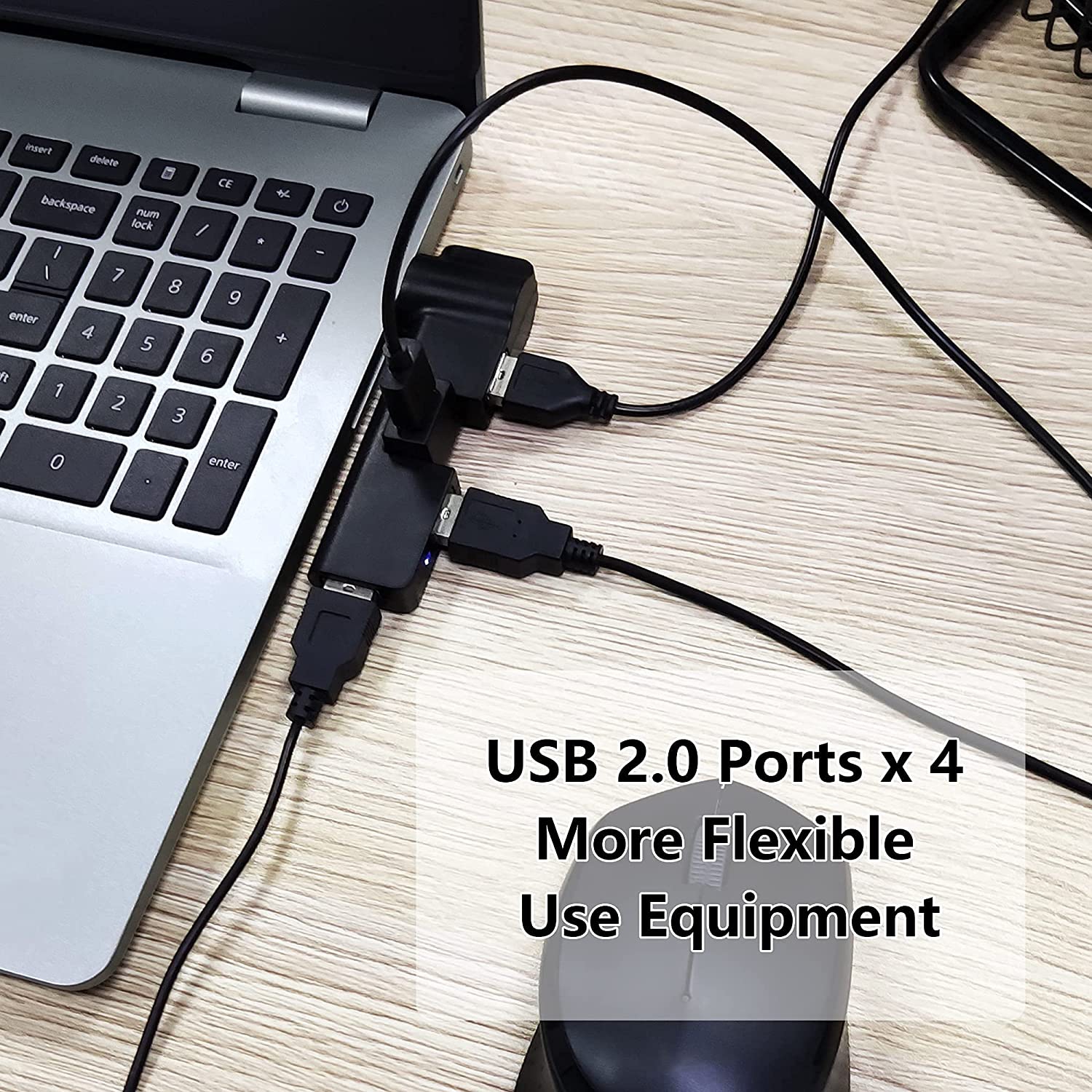 USB 2.0 Hub Extender, 4 Port USB Hub Power Adapter, USB 180 ° Rotation, for PC, Laptop, Keyboard, Mouse, Hard Drives and Other USB 2.0 Adapter(Black)