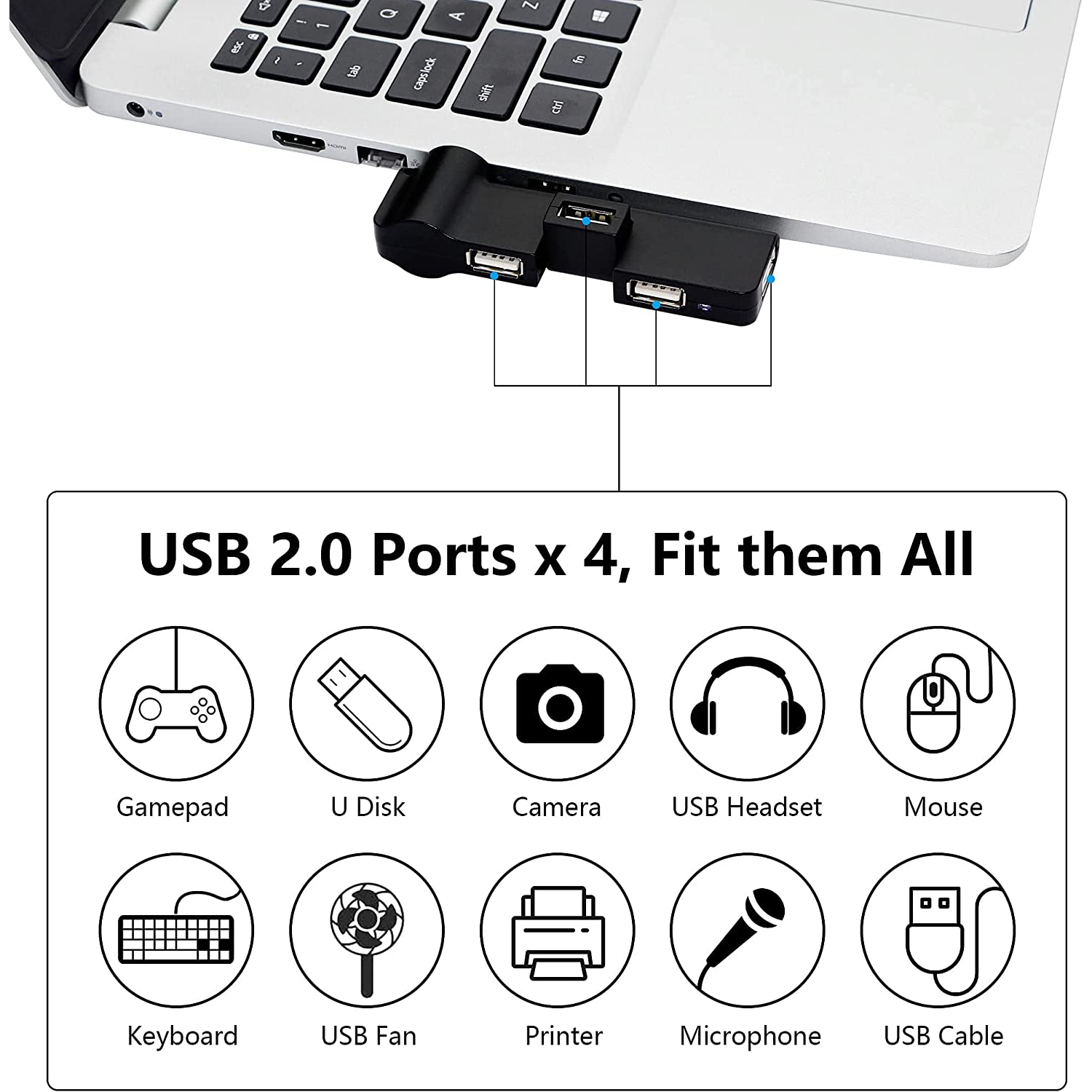 USB 2.0 Hub Extender, 4 Port USB Hub Power Adapter, USB 180 ° Rotation, for PC, Laptop, Keyboard, Mouse, Hard Drives and Other USB 2.0 Adapter(Black)