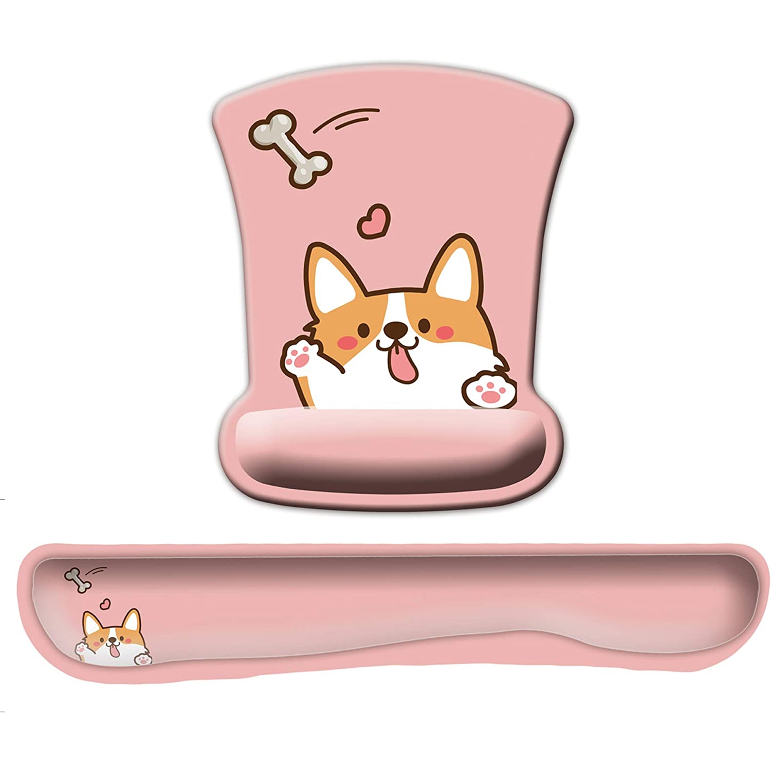Funny Corgi Heart Bone Pink Theme Mouse Pad with Wrist and Keyboard Support Gel Set for Women Kids Laptop Computer Office Home Gaming