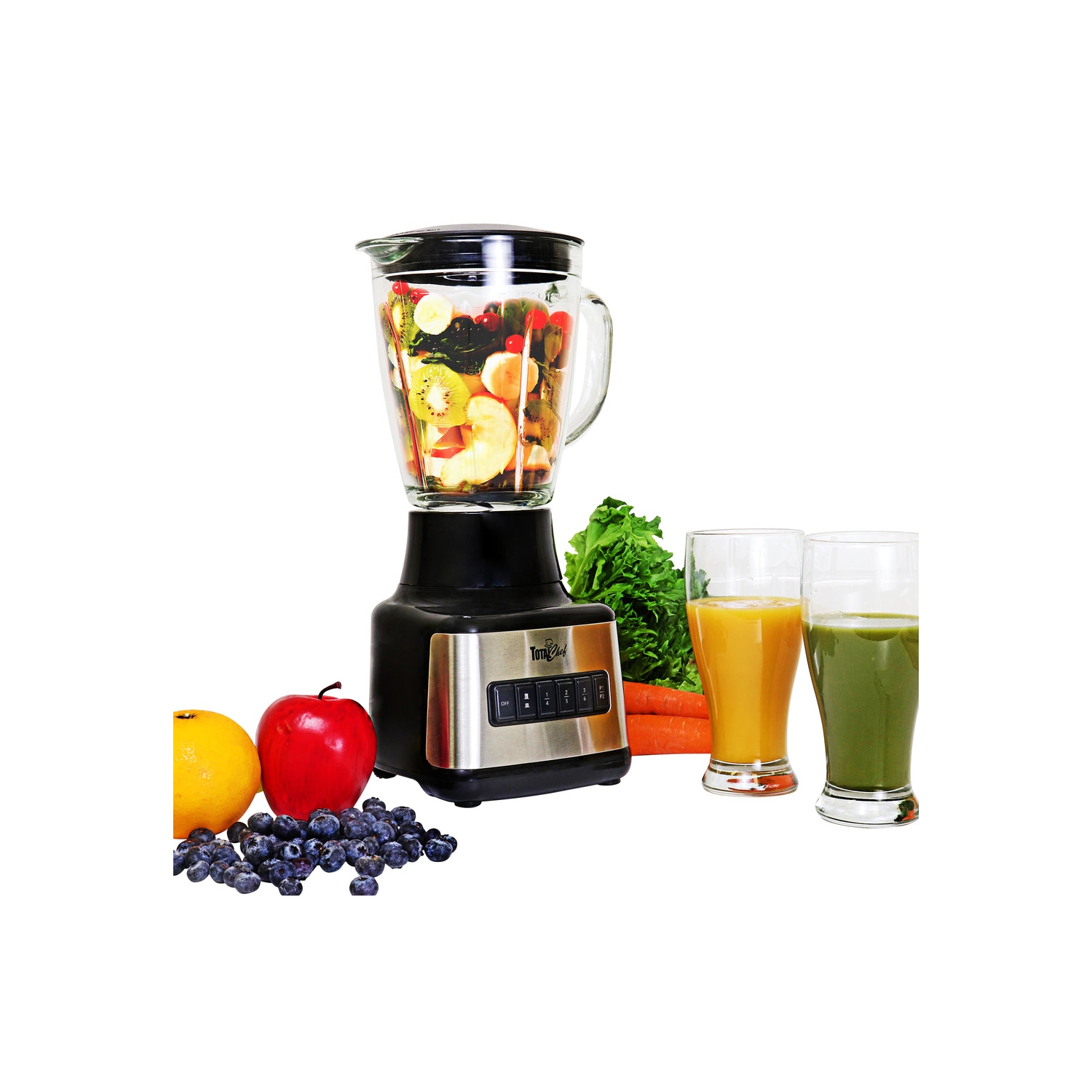 Total Chef 6-Speed Countertop Blender, 6 Cup Glass Jar, 2 Pulse Options, 500 W, Stainless Steel Blades, Auto-Clean Function, Puree, Crush, Blend For