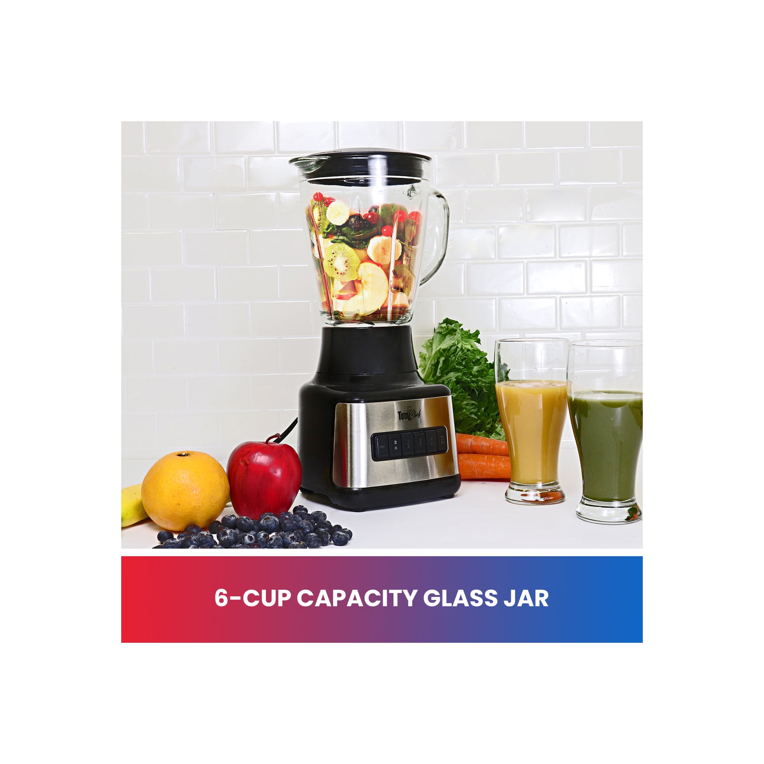 Total Chef 6-Speed Countertop Blender, 6 Cup Glass Jar, 2 Pulse Options, 500 W, Stainless Steel Blades, Auto-Clean Function, Puree, Crush, Blend For