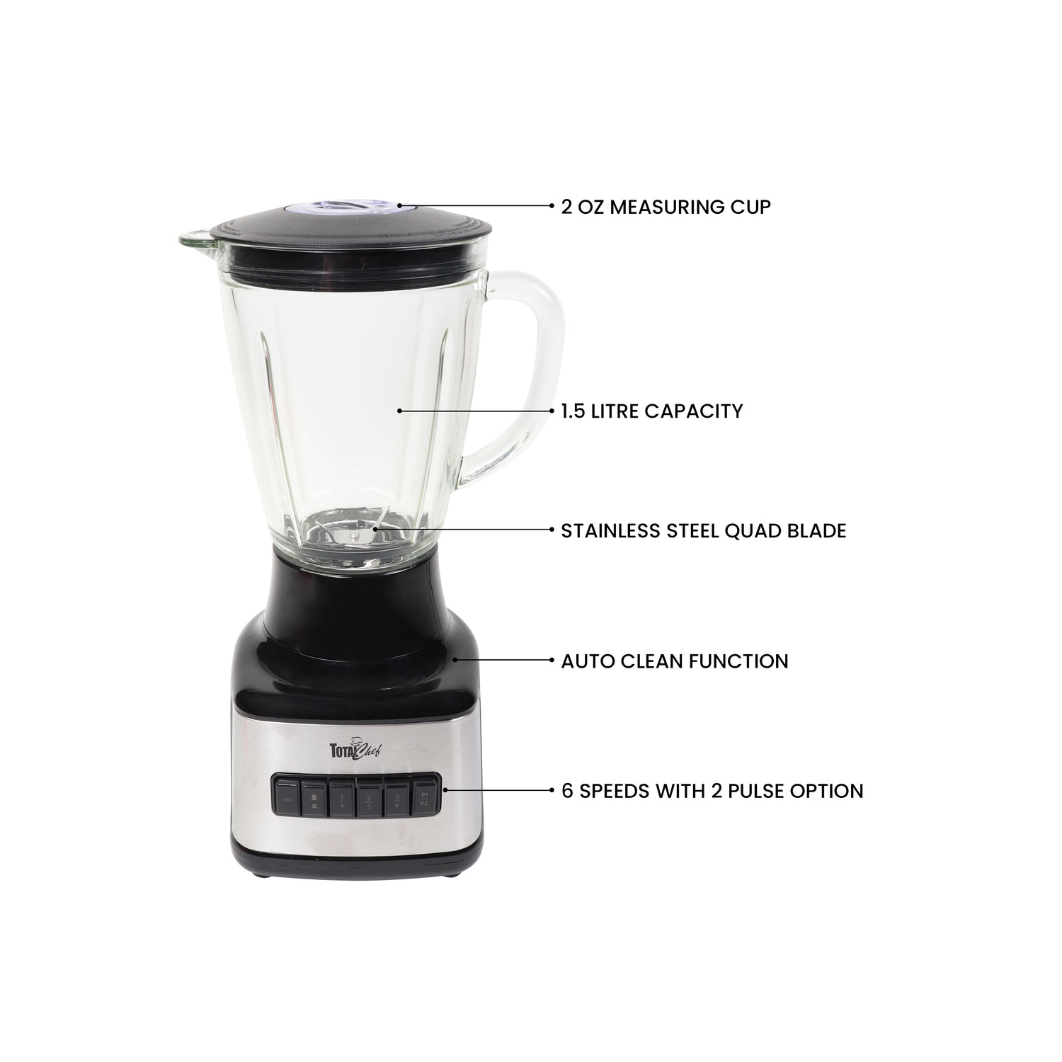 Total Chef 6-Speed Countertop Blender, 6 Cup Glass Jar, 2 Pulse Options, 500 W, Stainless Steel Blades, Auto-Clean Function, Puree, Crush, Blend For