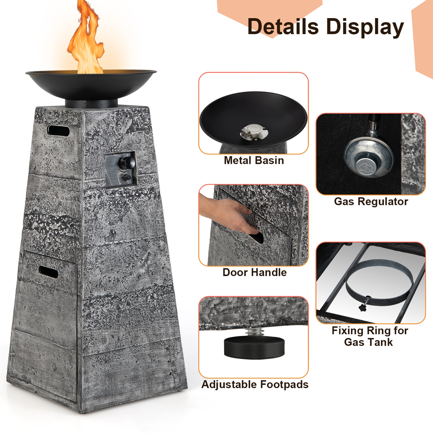 Costway 48" Outdoor Propane Fire Bowl Column W/ Lava Rocks & PVC Cover 30,000 BTU