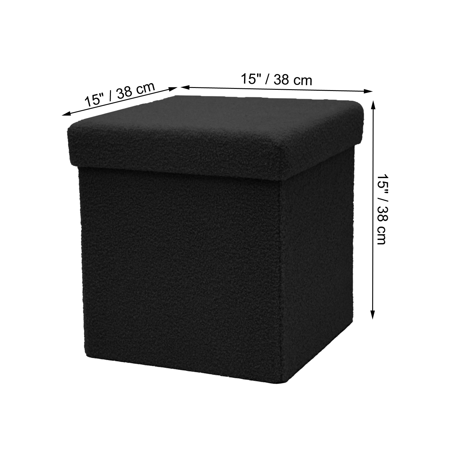 ITY International - Plush Fabric Foldable Ottoman/Footrest with Storage, 15" x 15" x 15", Black