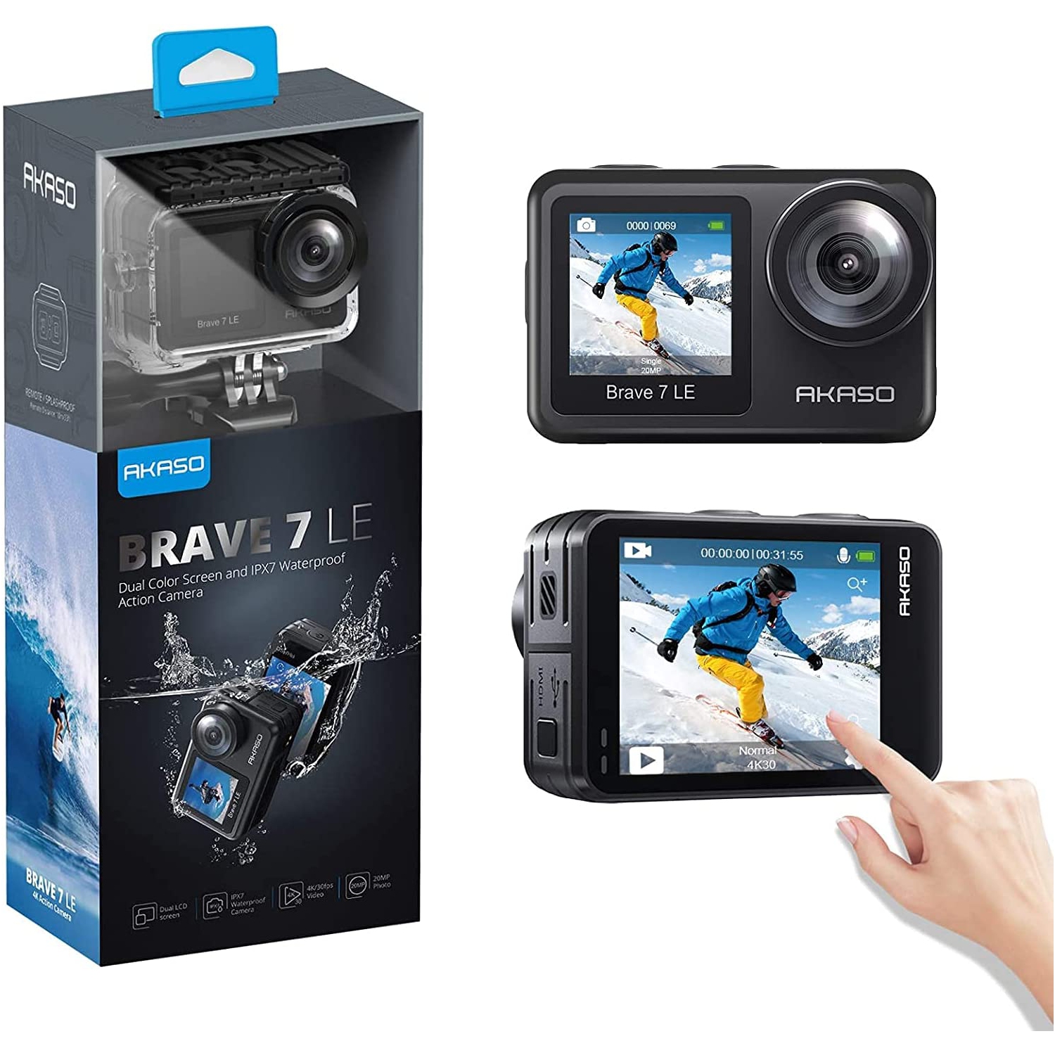 Open Box - AKASO Brave 7 LE Dual Display 4K 30FPS 20MP WiFi Action Camera with Touch Screen
