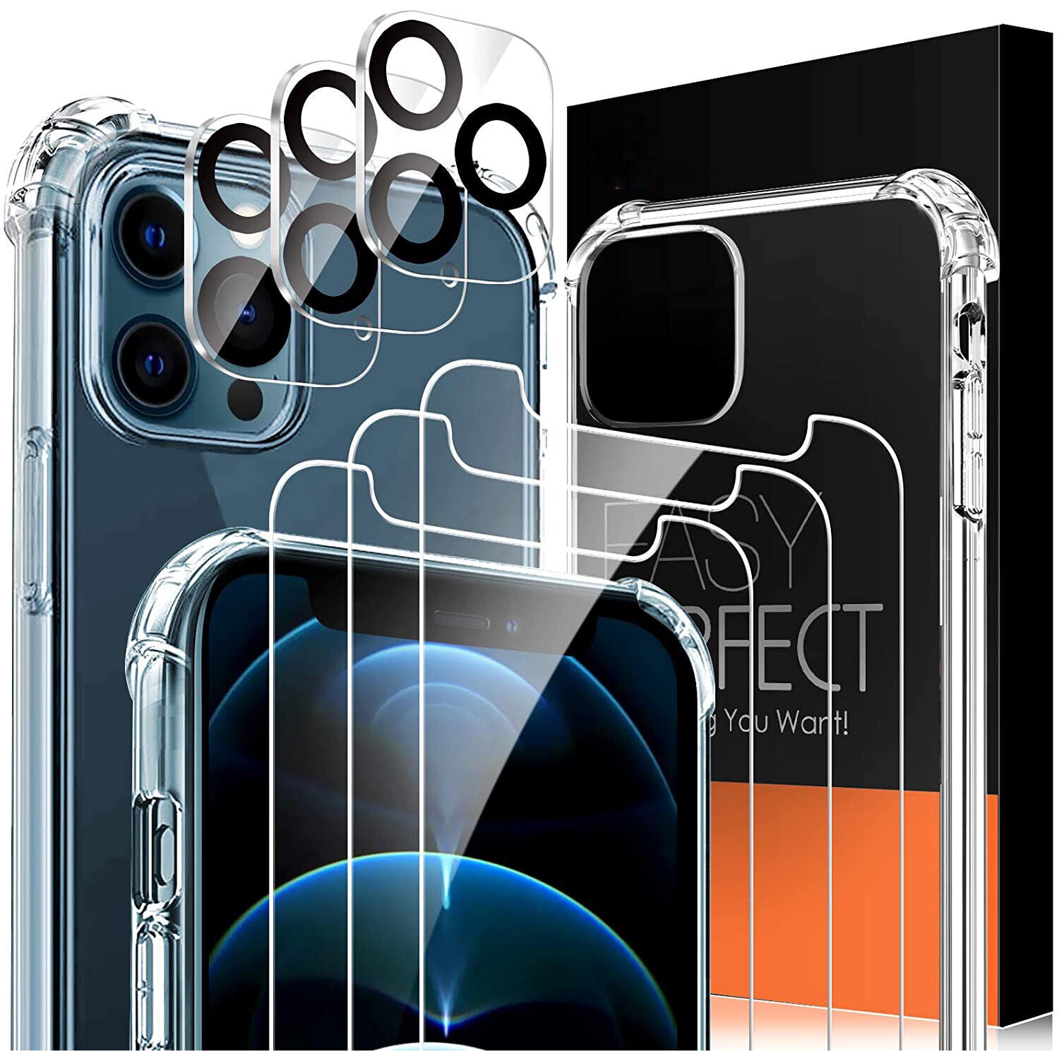 CA iPhone 12 Series Crystal Clear TPU Case+3X Tempered Glass+3X Camera Lens Film