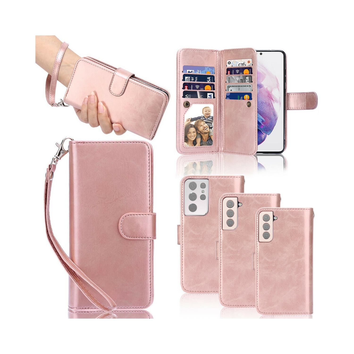 Rose Gold Luxury Detachable Leather Wallet Case w/Strap for Galaxy S21 S21+ S21U