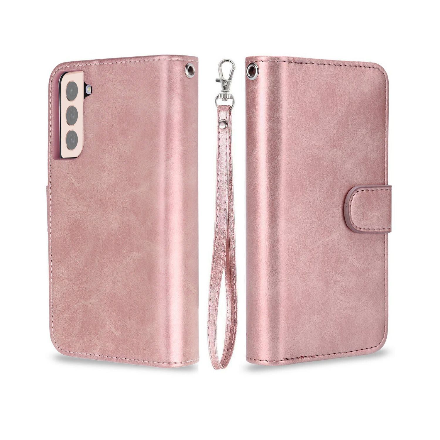 Rose Gold Luxury Detachable Leather Wallet Case w/Strap for Galaxy S21 S21+ S21U