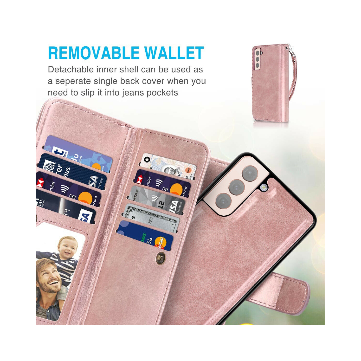 Rose Gold Luxury Detachable Leather Wallet Case w/Strap for Galaxy S21 S21+ S21U