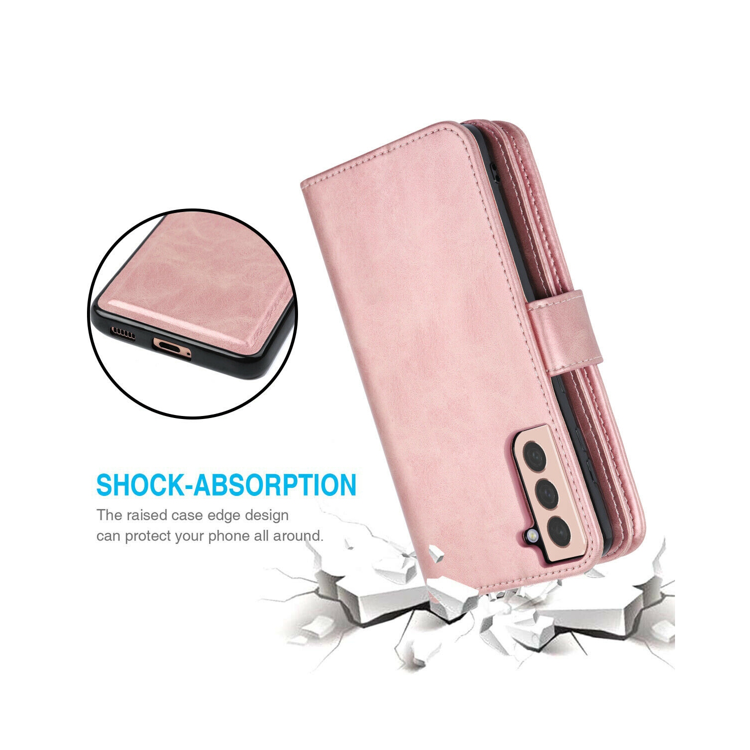 Rose Gold Luxury Detachable Leather Wallet Case w/Strap for Galaxy S21 S21+ S21U