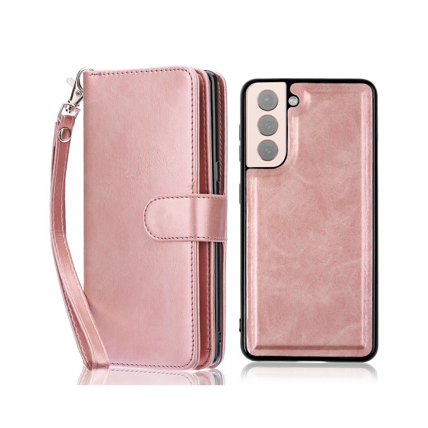Rose Gold Luxury Detachable Leather Wallet Case w/Strap for Galaxy S21 S21+ S21U