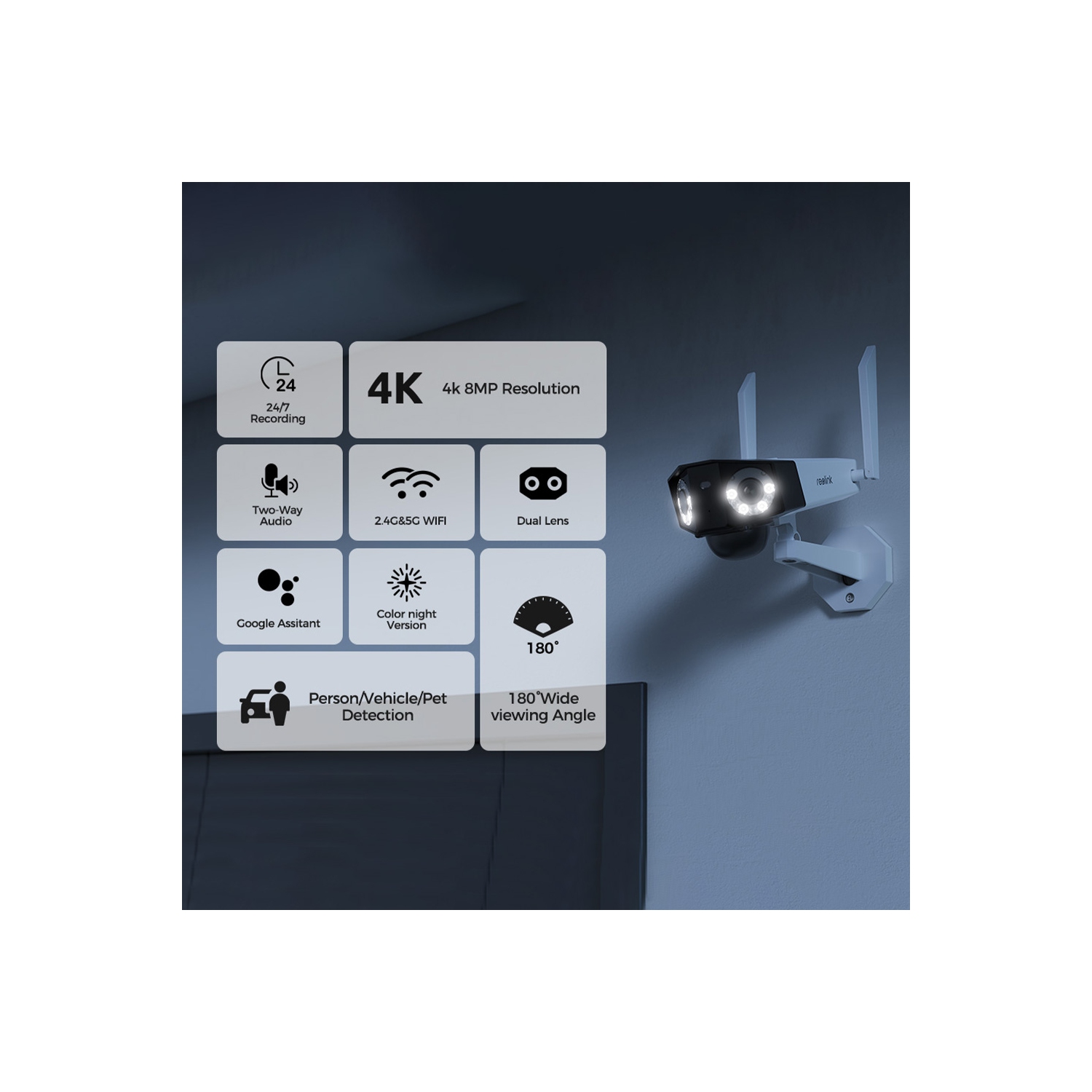 Reolink Dual-Lens 180° Security Camera, 4K Ultra HD, 5GHz/2.4GHz WiFi, Person/Vehicle Detection, Color Night Vision, Two-Way Audio