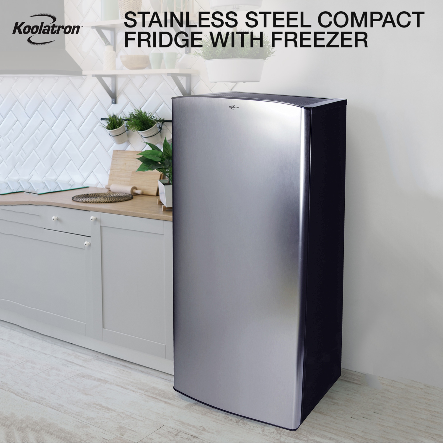 Koolatron Stainless Steel Compact Fridge with Freezer, 6.2 cu ft, Silver and Black, Space-Saving Flat Back, Reversible Door, Tempered Glass Shelves,