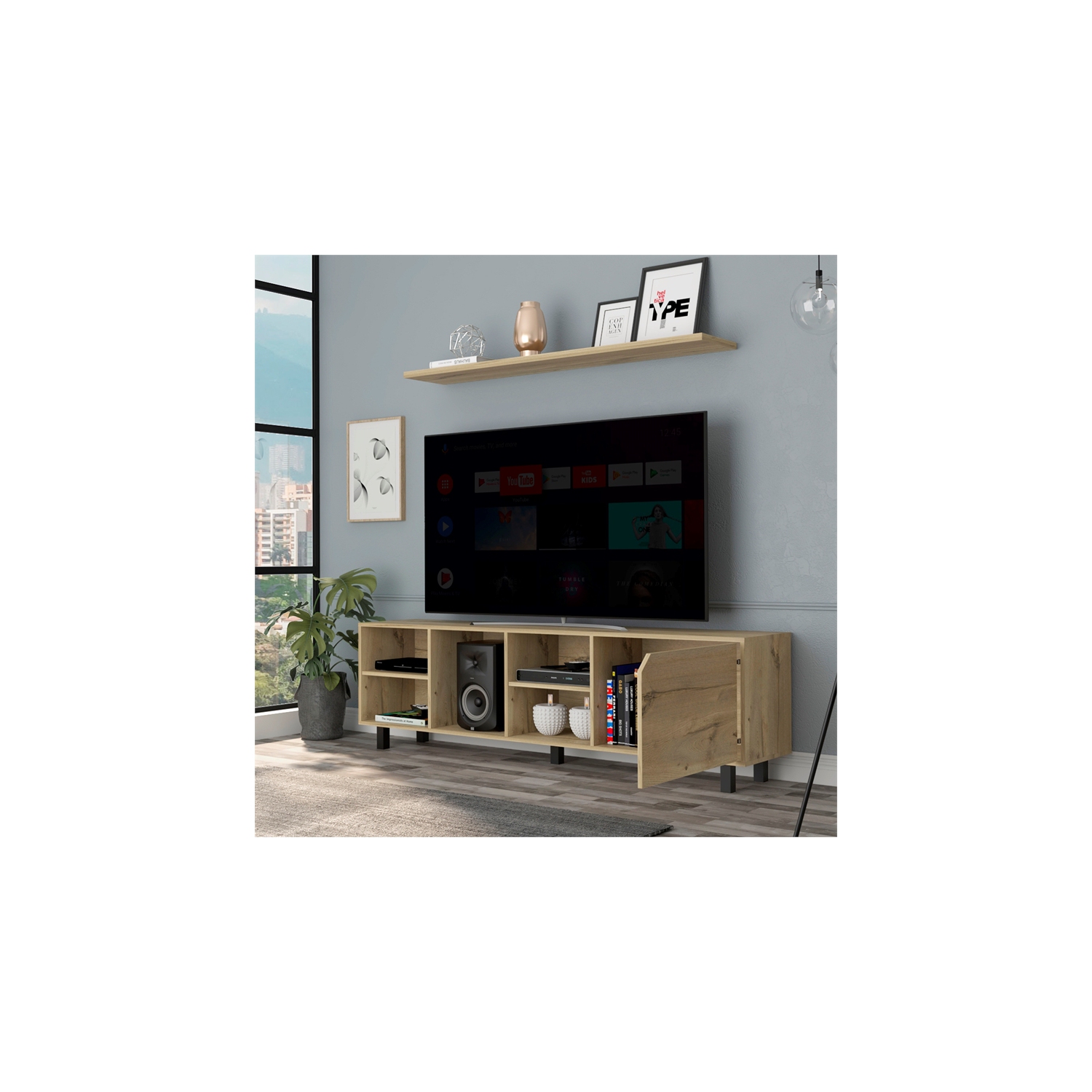 Atlin Designs Engineered Wood TV Stand For Living Room in Light Oak