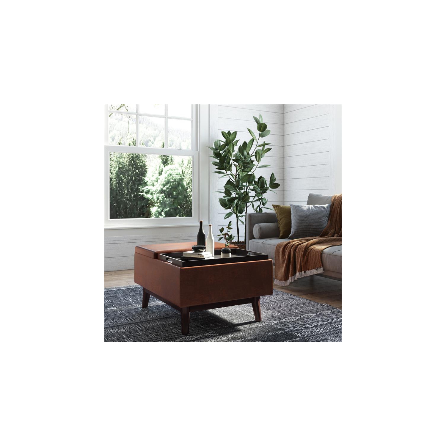 Owen 34 po W Table avec pouf de rangement en similicuir brun alezan vieilli