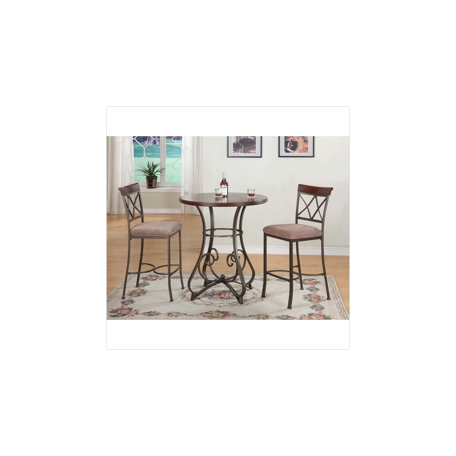 Linon Hamilton Three Piece Wood and Metal Stationary Pub Set in Cherry