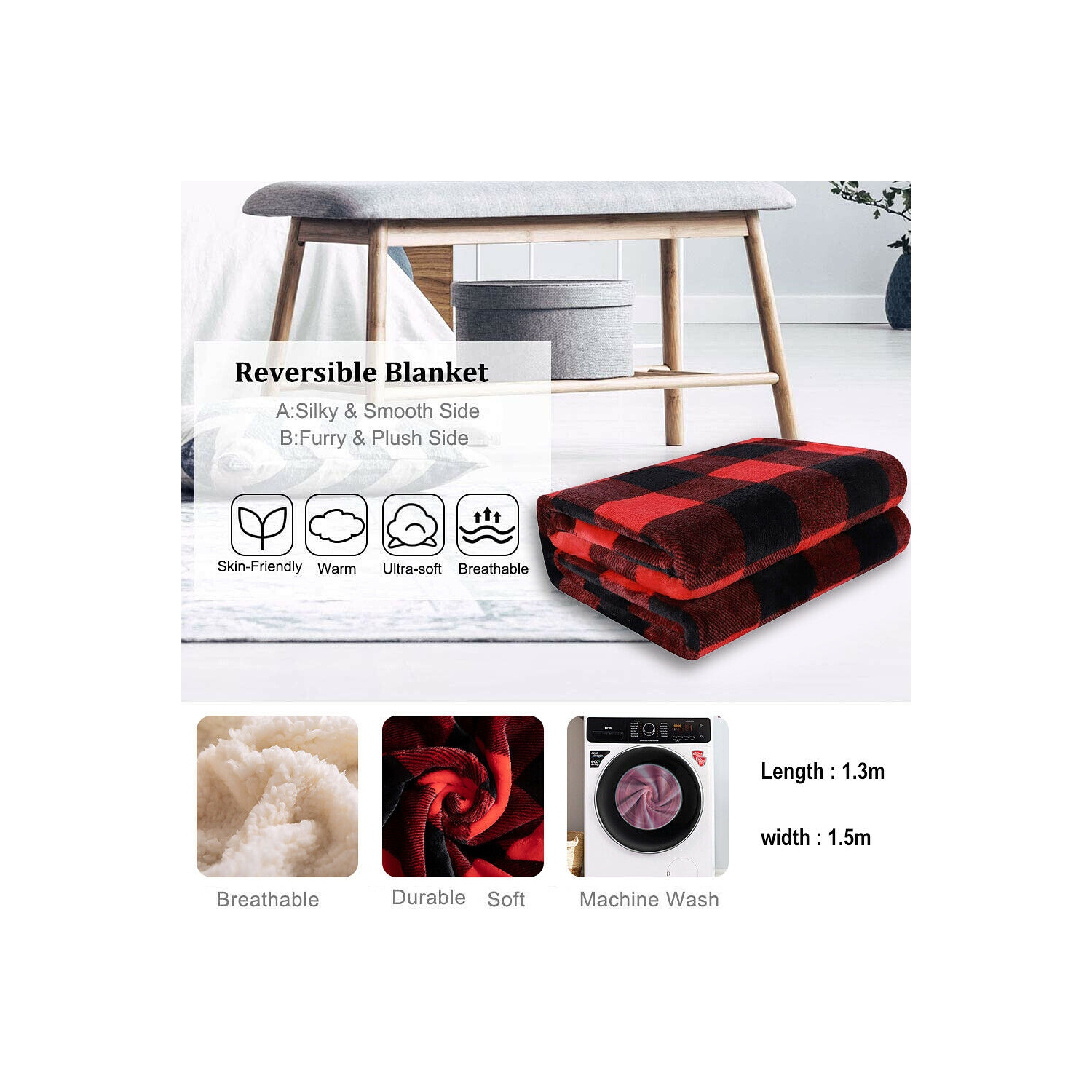 Sherpa Plaid Fleece Throw Blanket, Double-Sided Super Soft Luxurious, 50x60 in